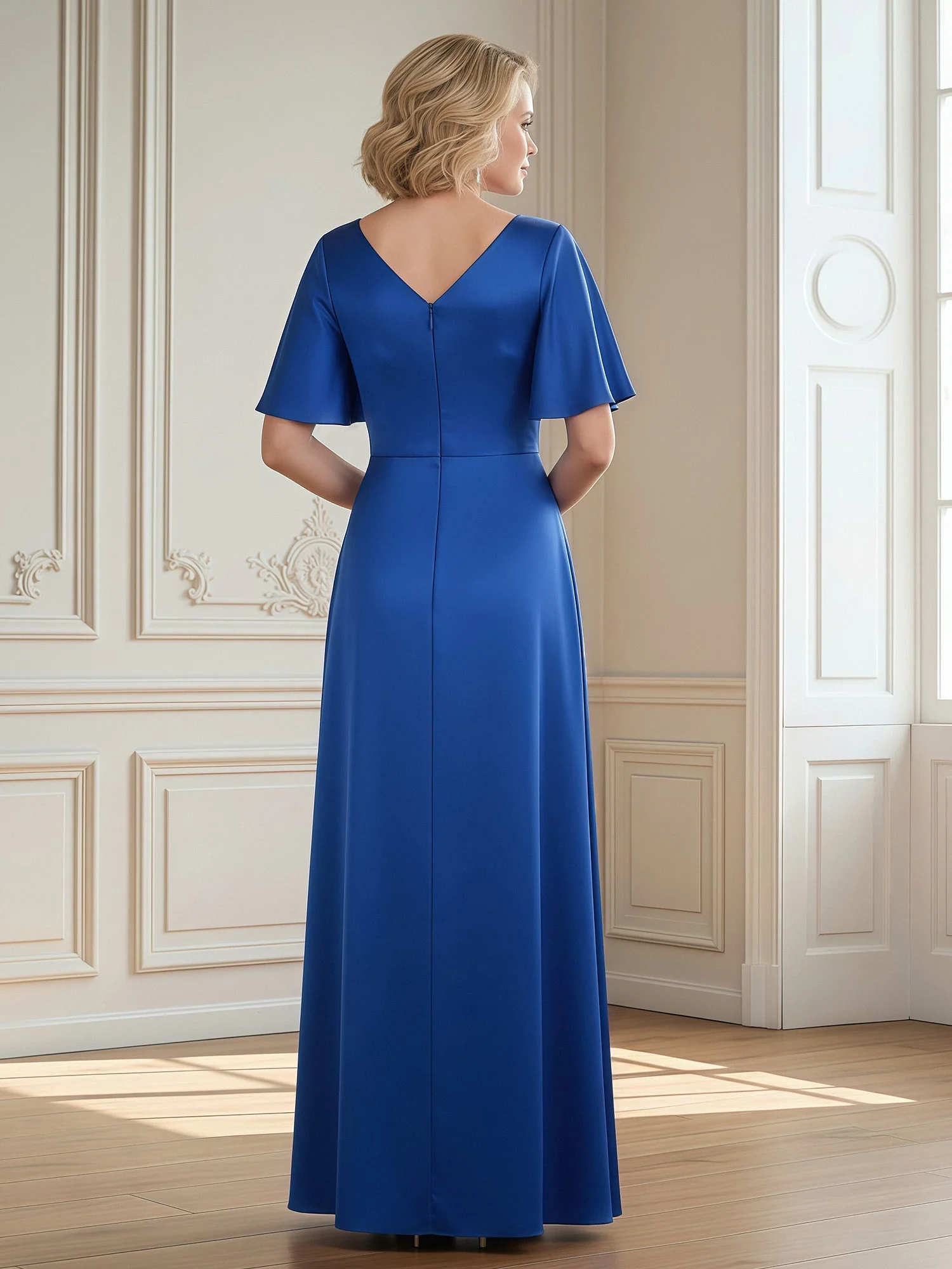 V-Neck Maxi Dress with Flounce Sleeves and Slit Taupe - Image 2