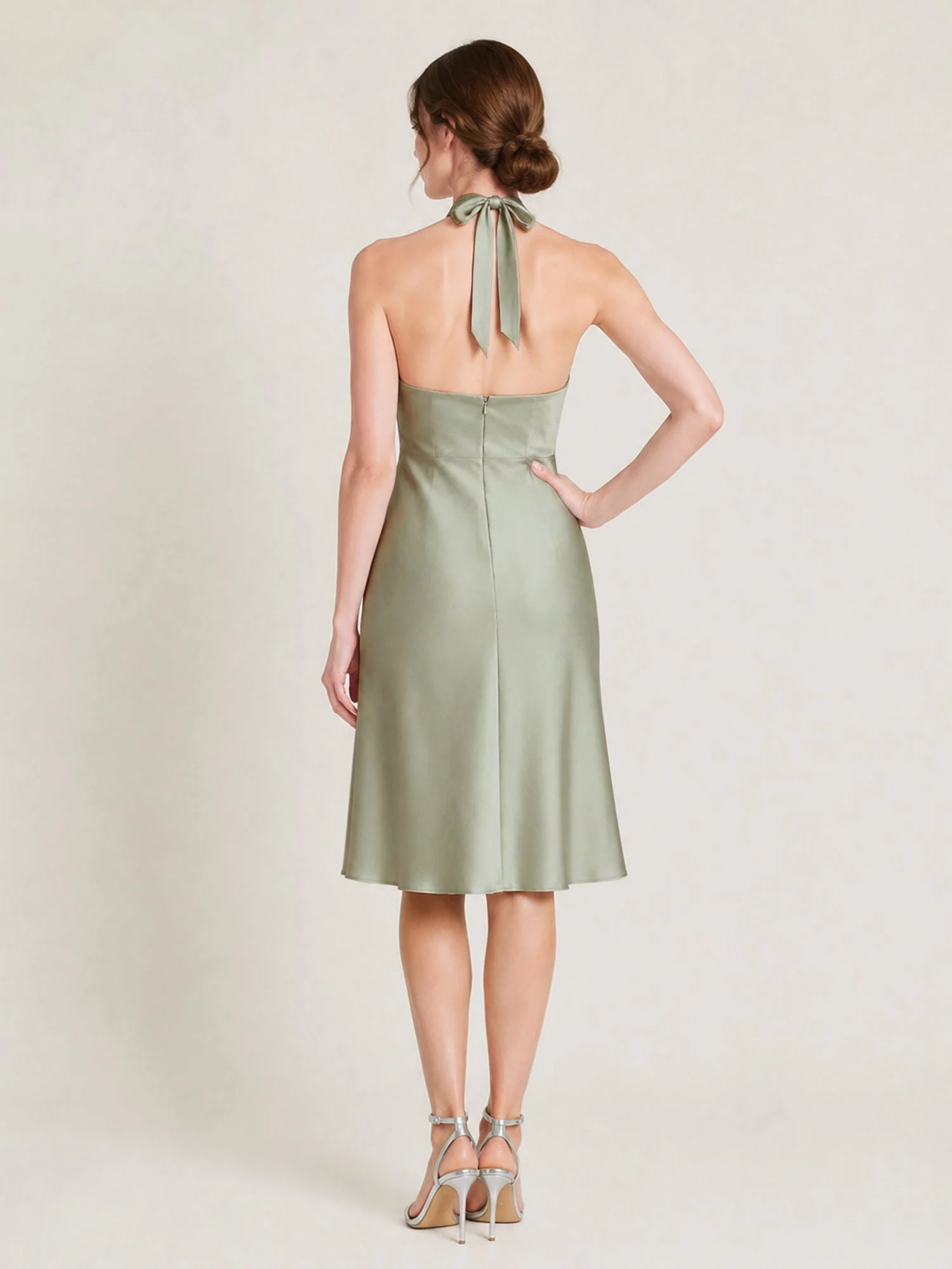 Knee-Length A-Line Satin Dress Featuring Open Back Emerald - Image 2