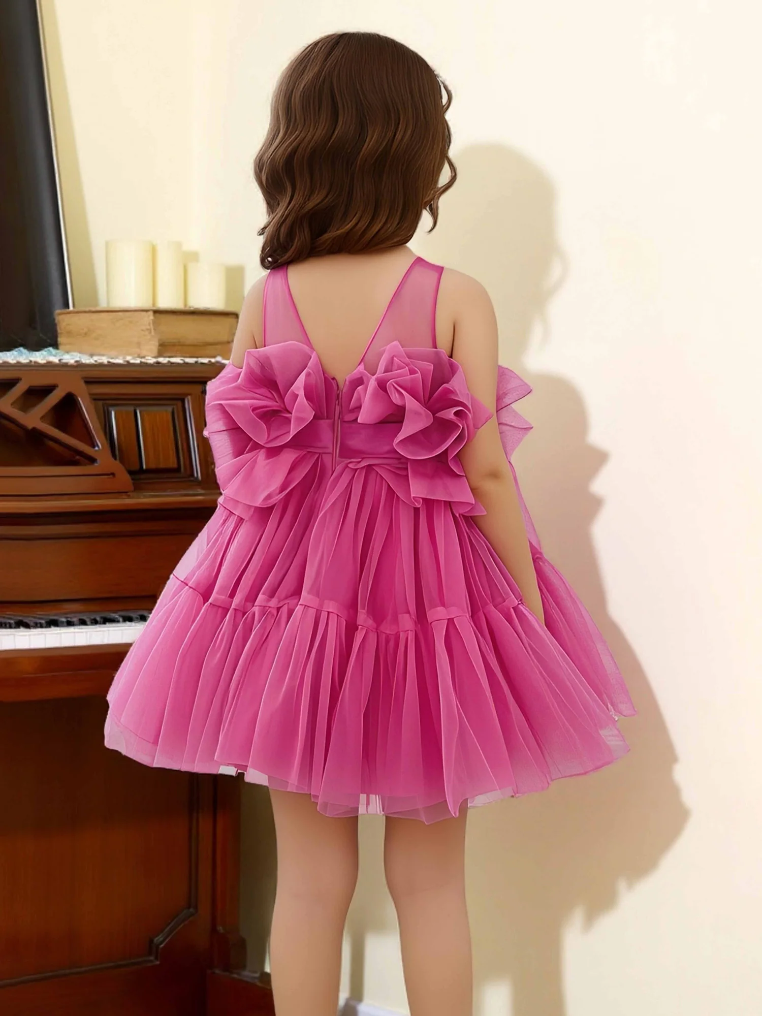 Oversized Bow Ruffle Tulle Illusion Flower Girl Dress Azalea - Image 2