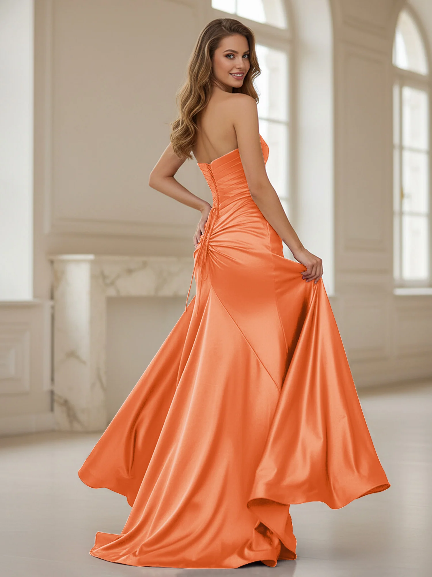 Pleated Sweetheart Neck Sheath Gown With Slit Burnt Orange - Image 2