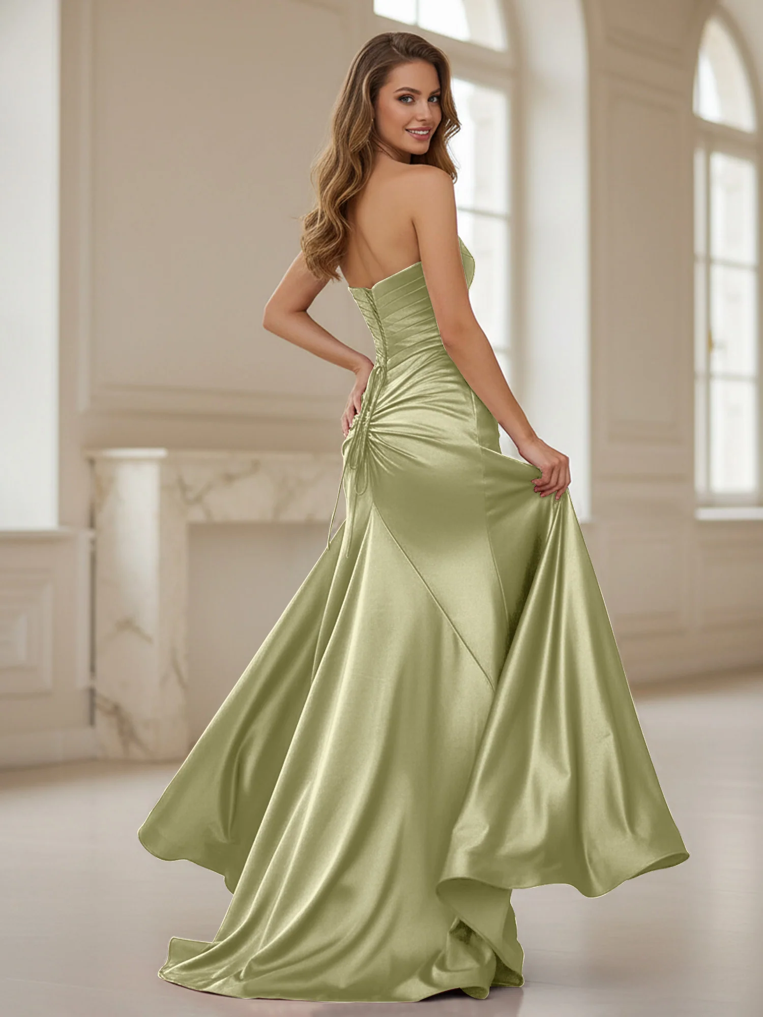 Pleated Sweetheart Neck Sheath Gown With Slit Dusty Sage - Image 2
