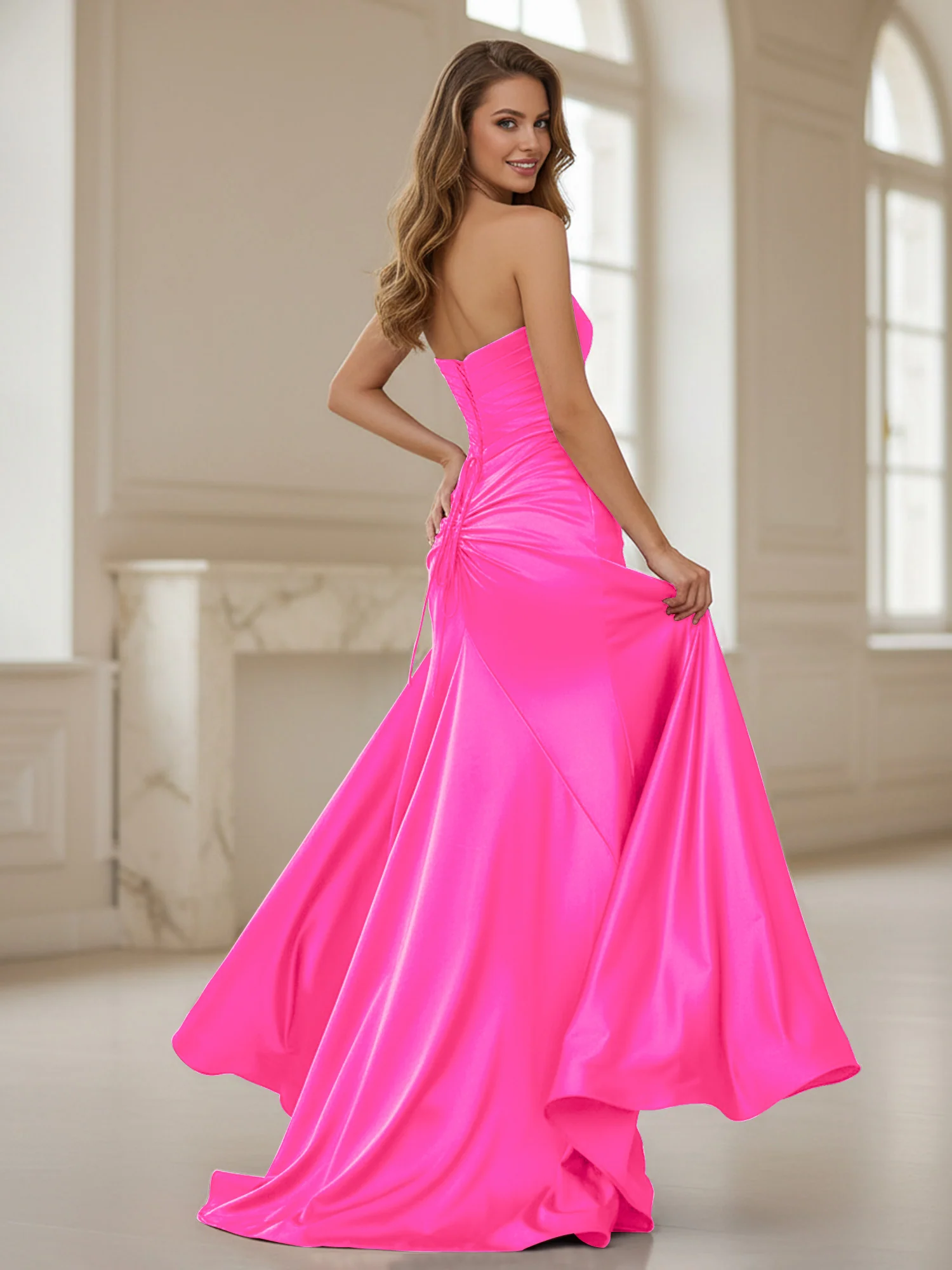 Pleated Sweetheart Neck Sheath Gown With Slit Fuchsia - Image 2