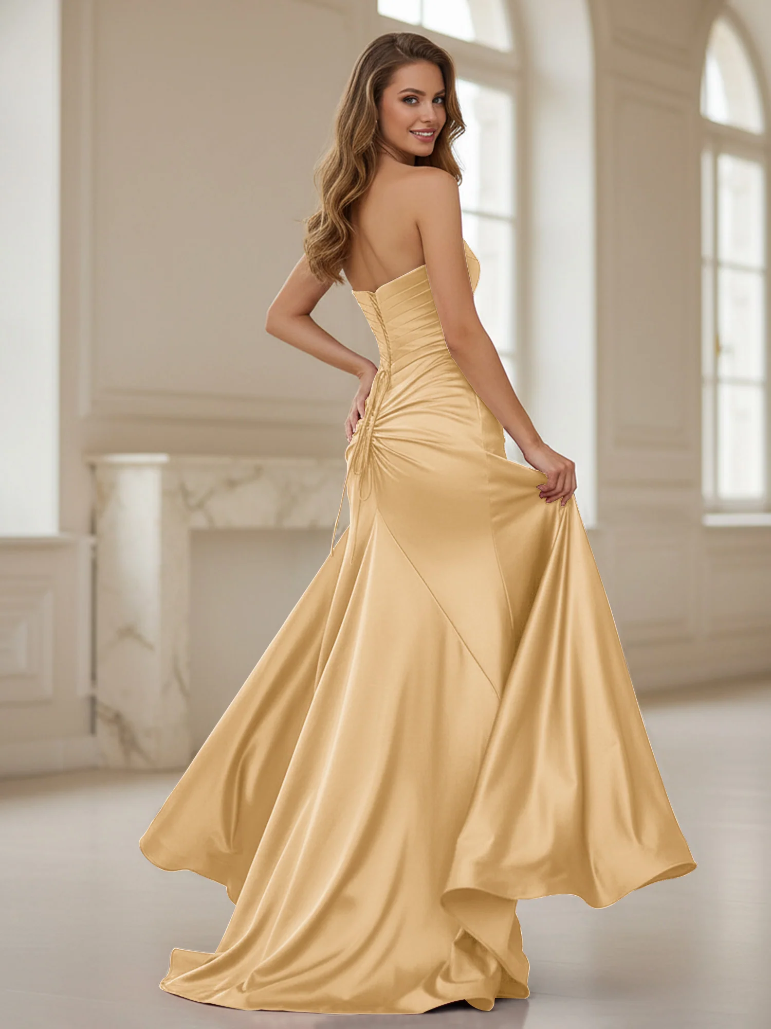 Pleated Sweetheart Neck Sheath Gown With Slit Gold - Image 2