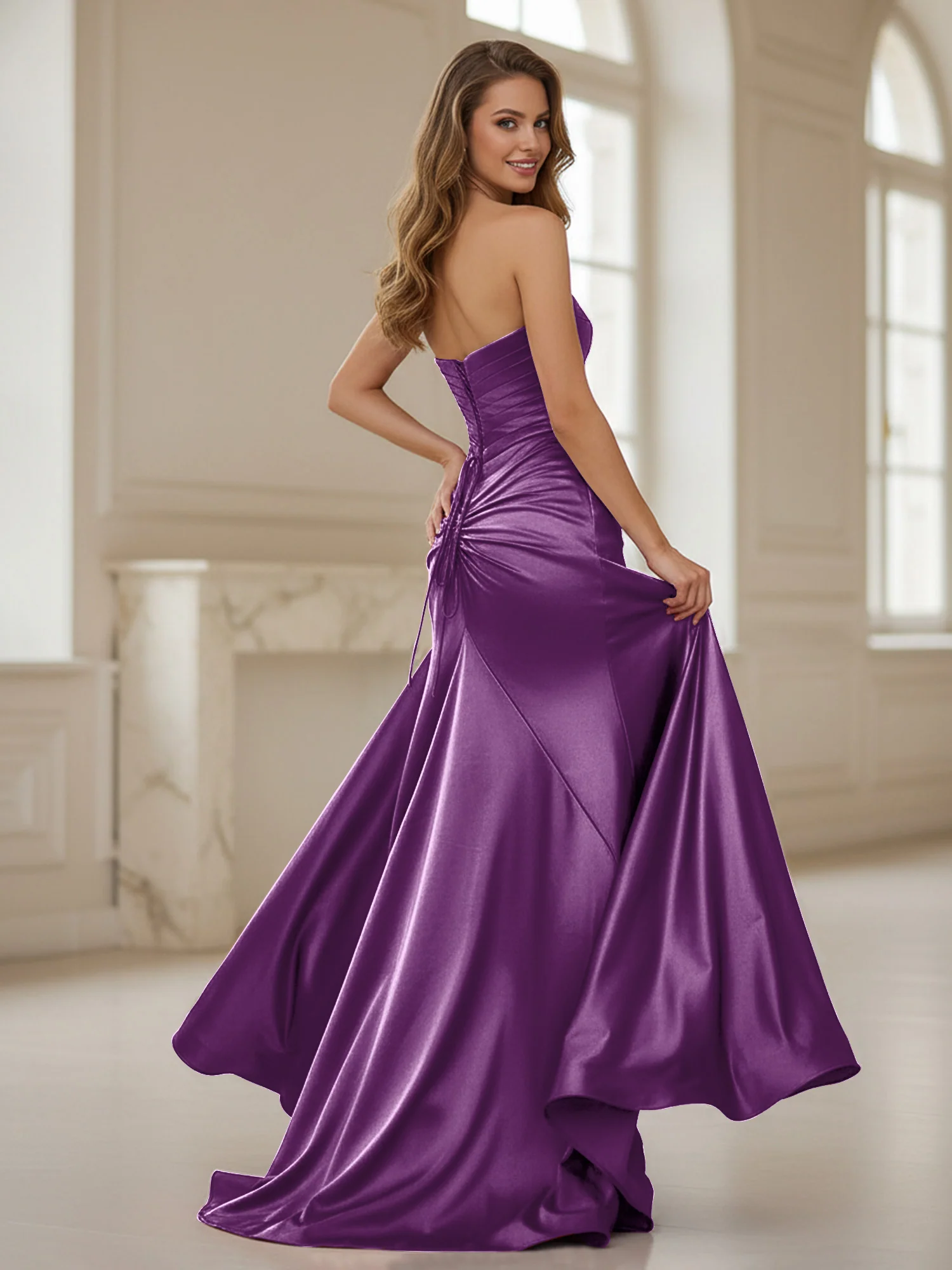 Pleated Sweetheart Neck Sheath Gown With Slit Grape - Image 2