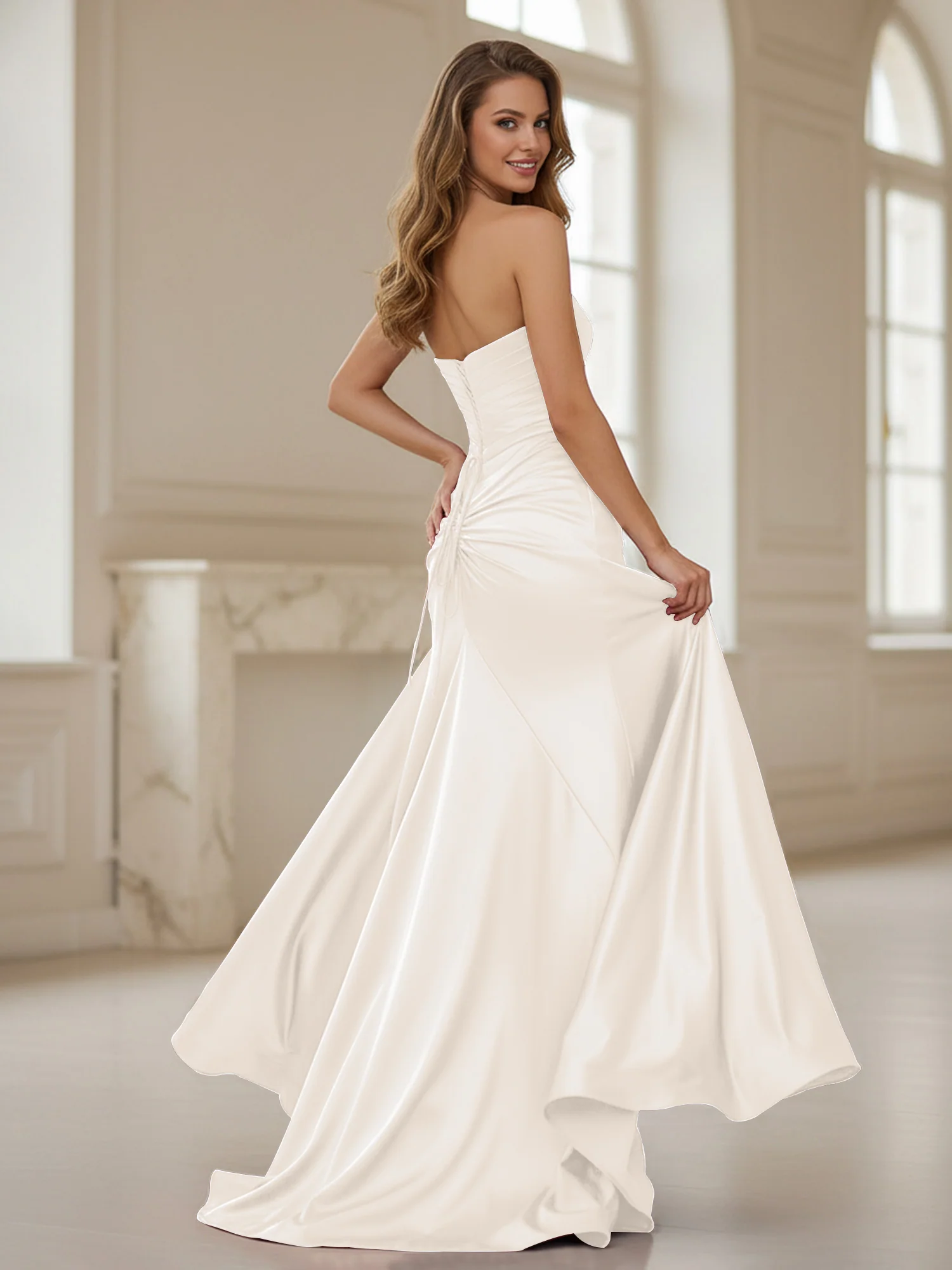 Pleated Sweetheart Neck Sheath Gown With Slit Ivory - Image 2