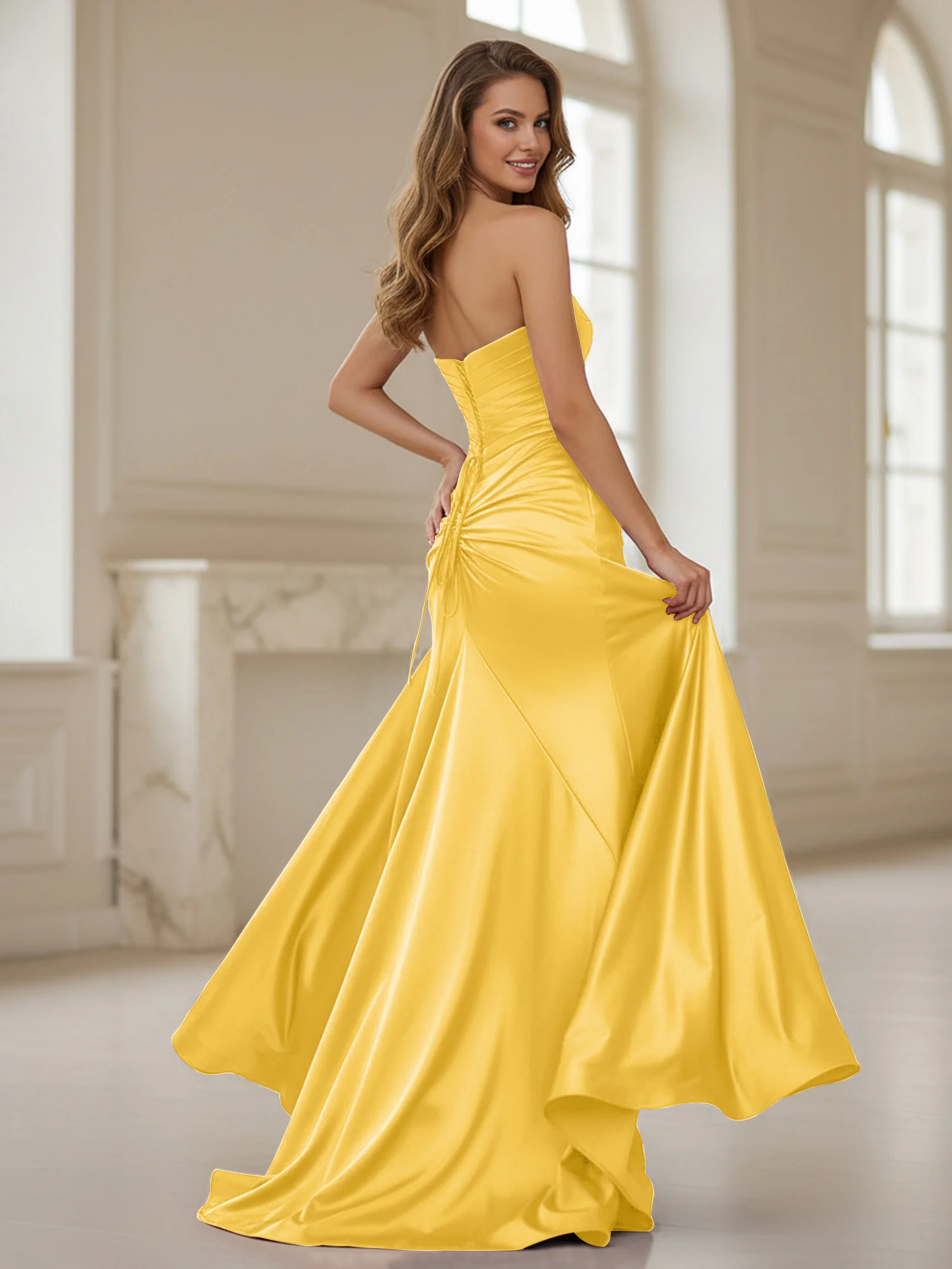 Pleated Sweetheart Neck Sheath Gown With Slit Marigold - Image 2