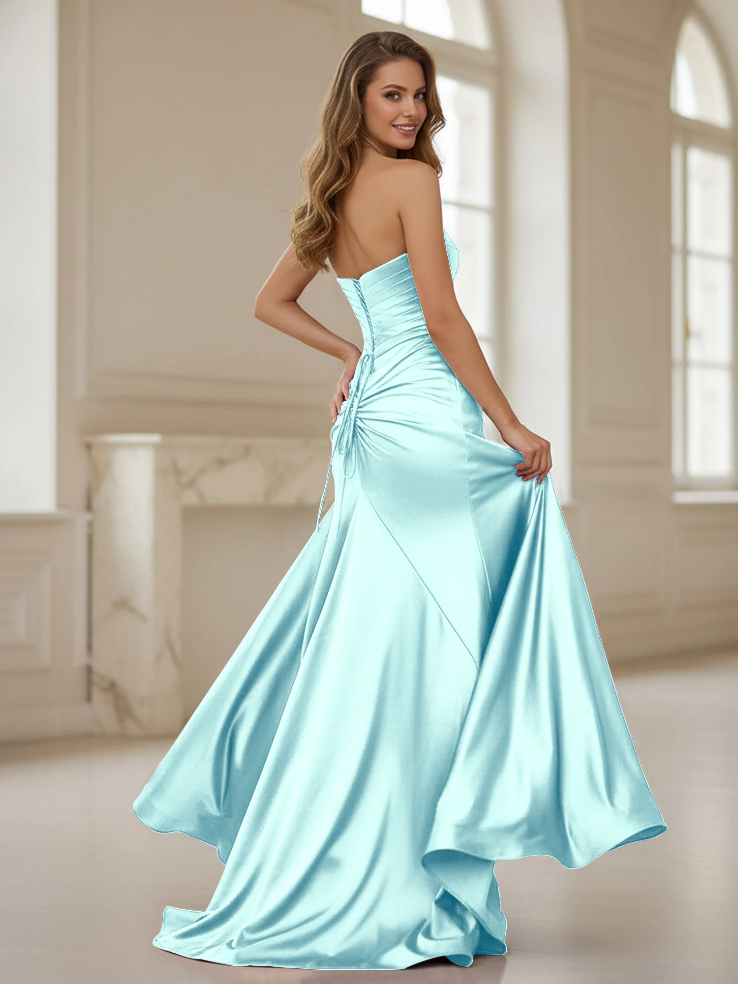 Pleated Sweetheart Neck Sheath Gown With Slit Mist - Image 2