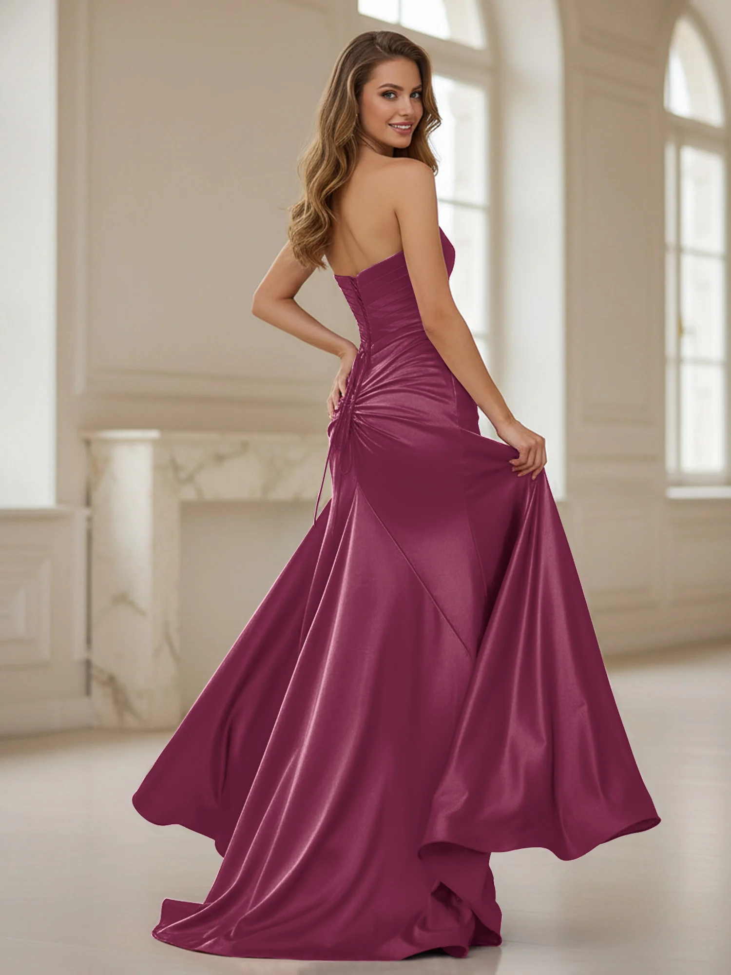 Pleated Sweetheart Neck Sheath Gown With Slit Mulberry - Image 2
