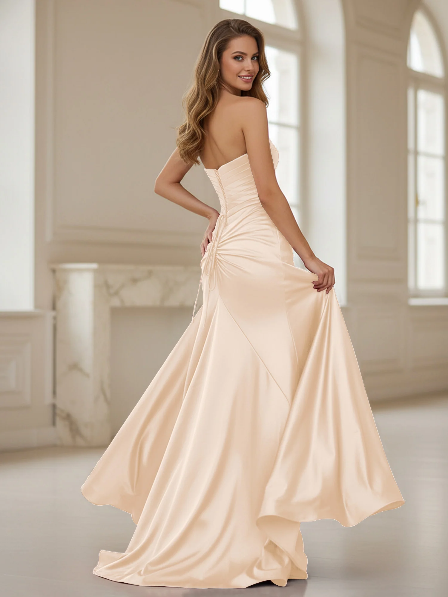 Pleated Sweetheart Neck Sheath Gown With Slit Peach - Image 2