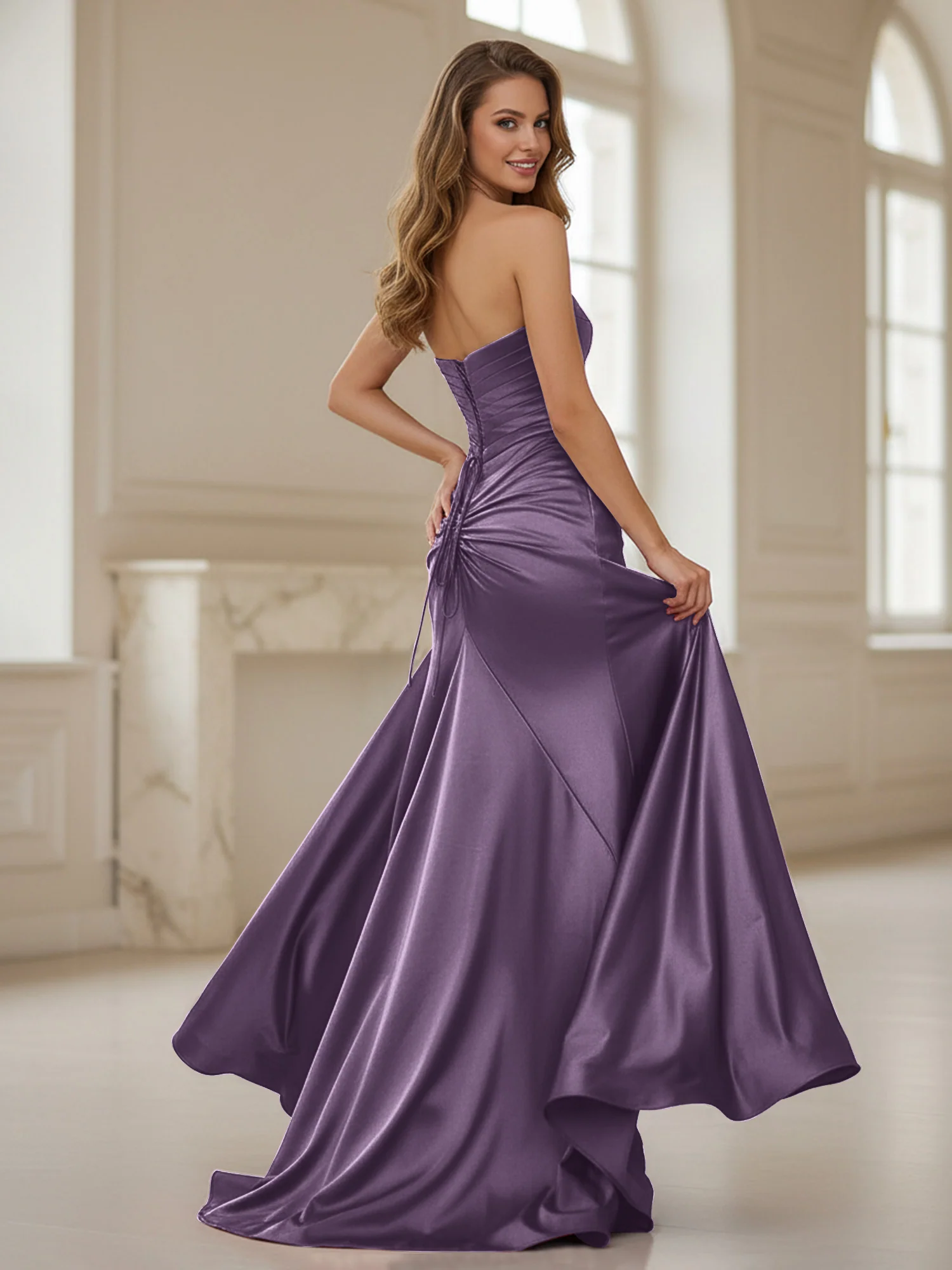 Pleated Sweetheart Neck Sheath Gown With Slit Plum - Image 2