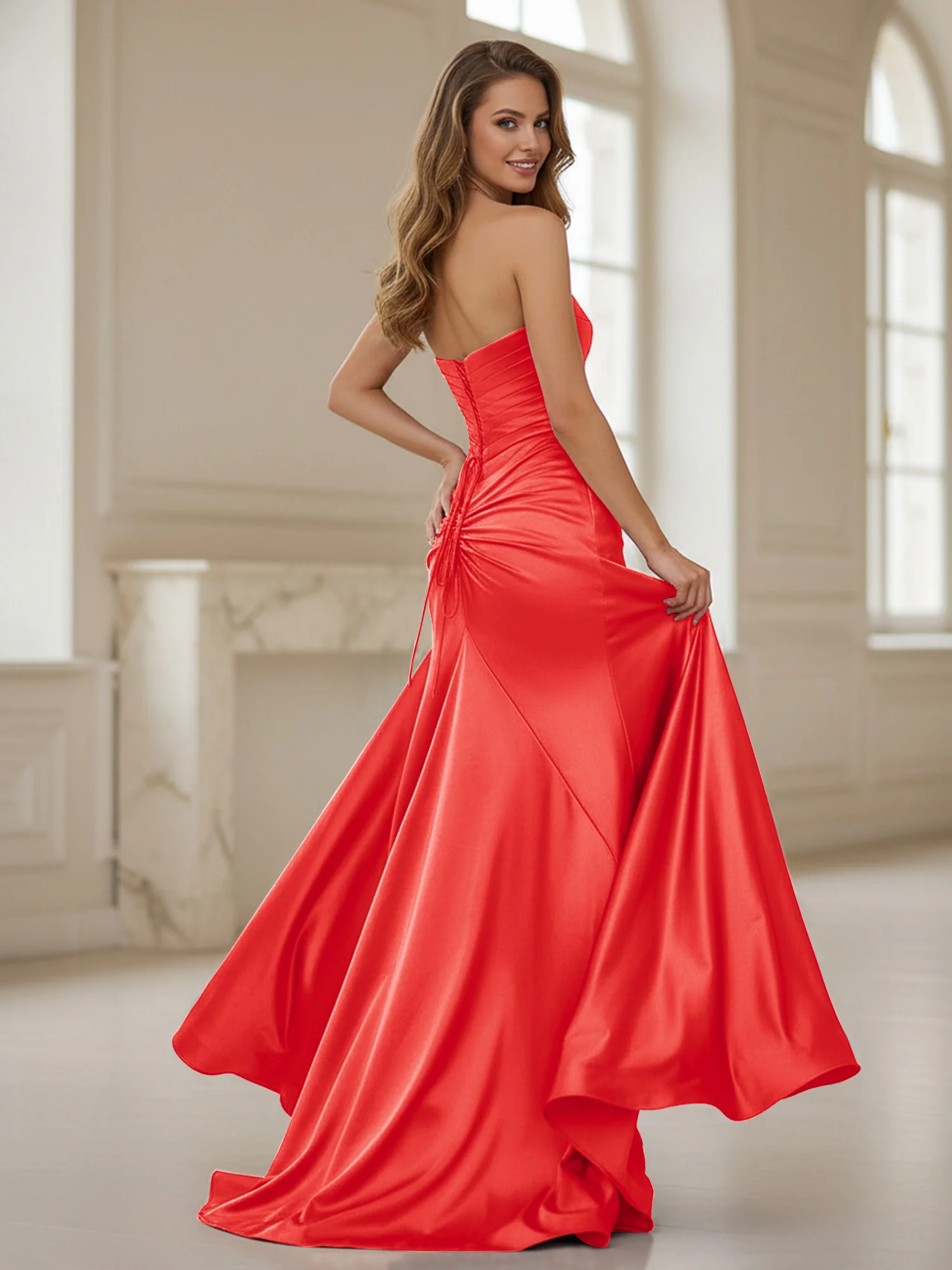 Pleated Sweetheart Neck Sheath Gown With Slit Red - Image 2