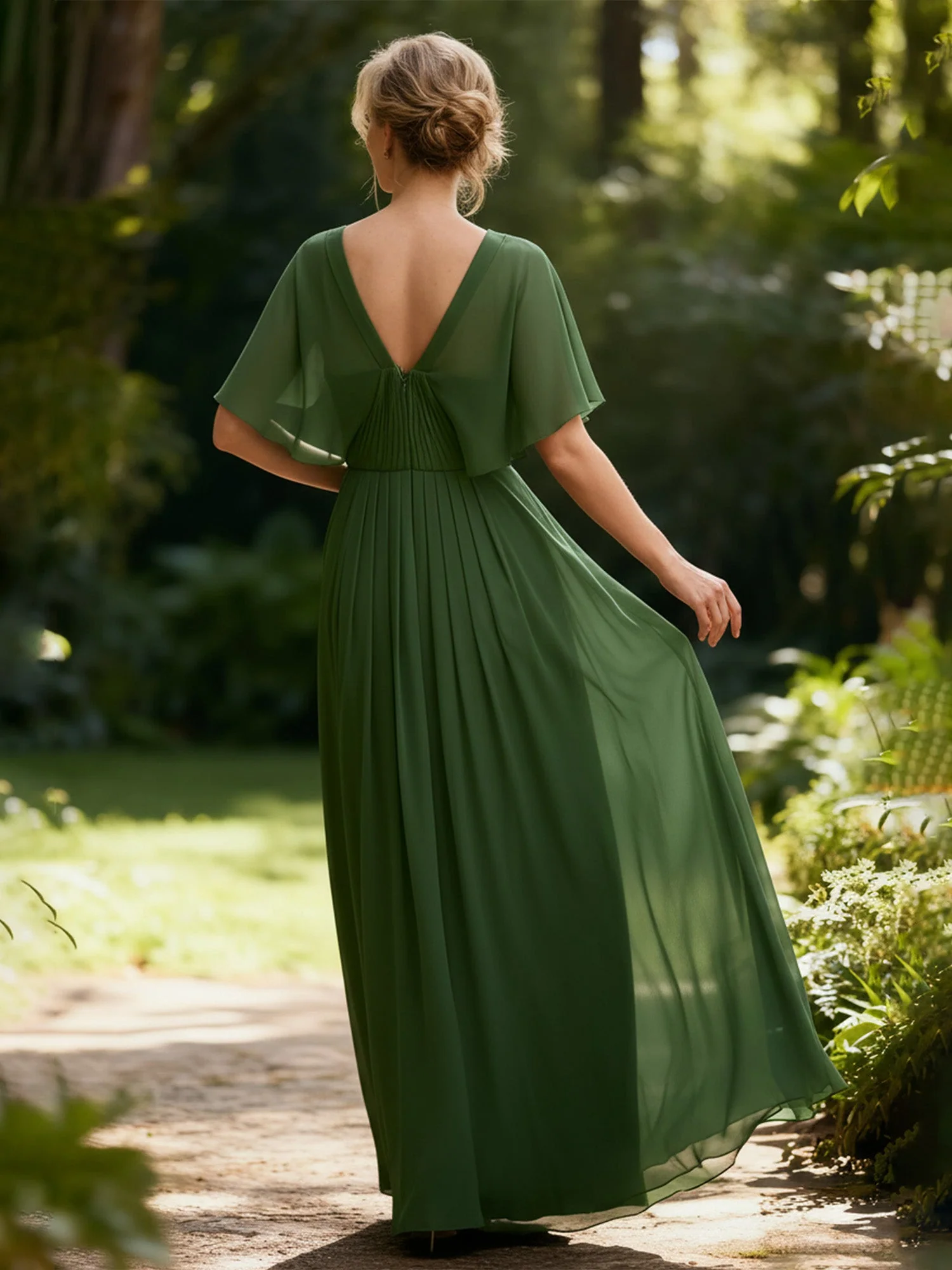 Pleated A-Line Flutter Sleeves Chiffon Long Dress Tangerine - Image 2