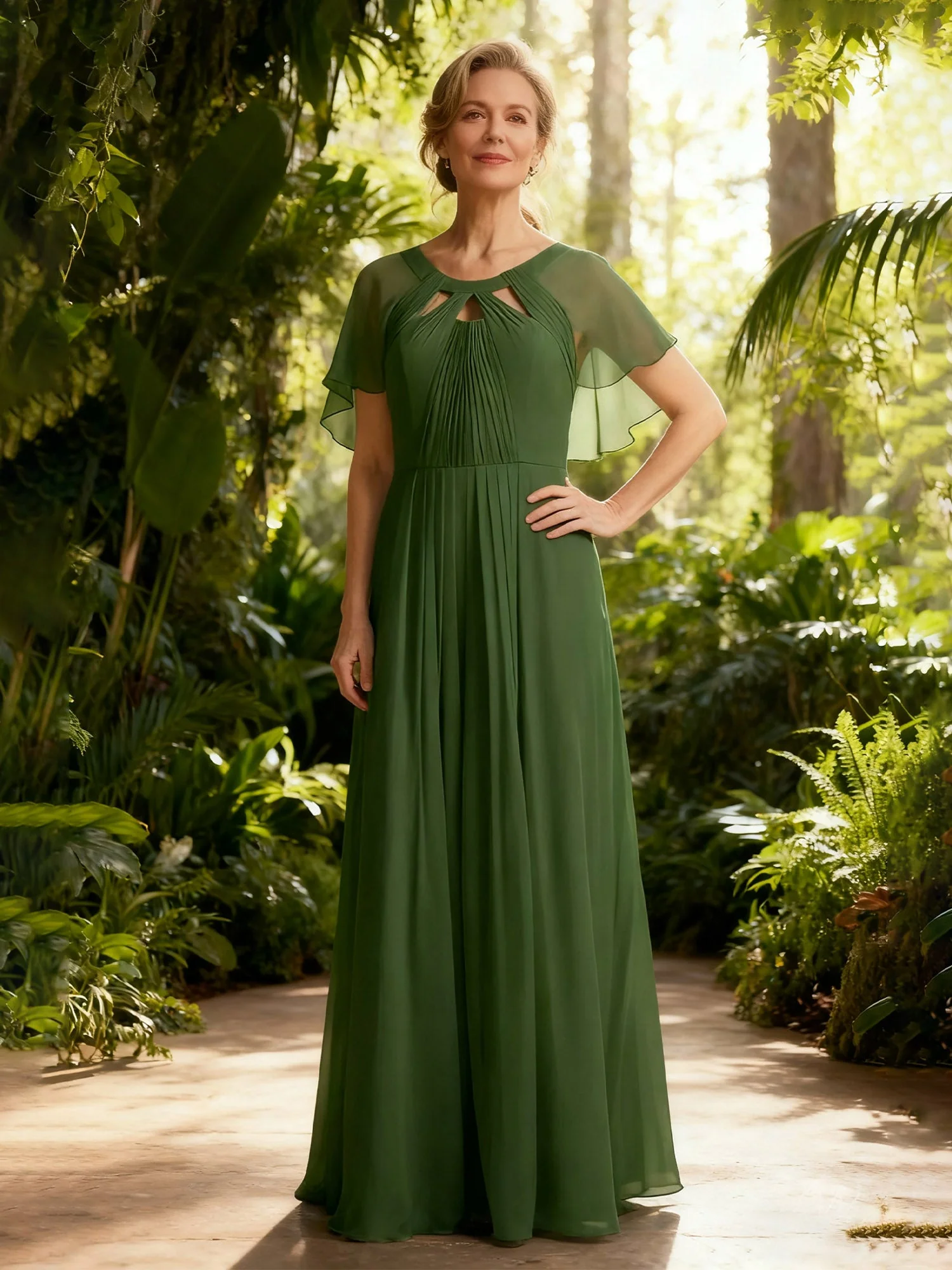 Pleated A-Line Flutter Sleeves Chiffon Long Dress Wisteria