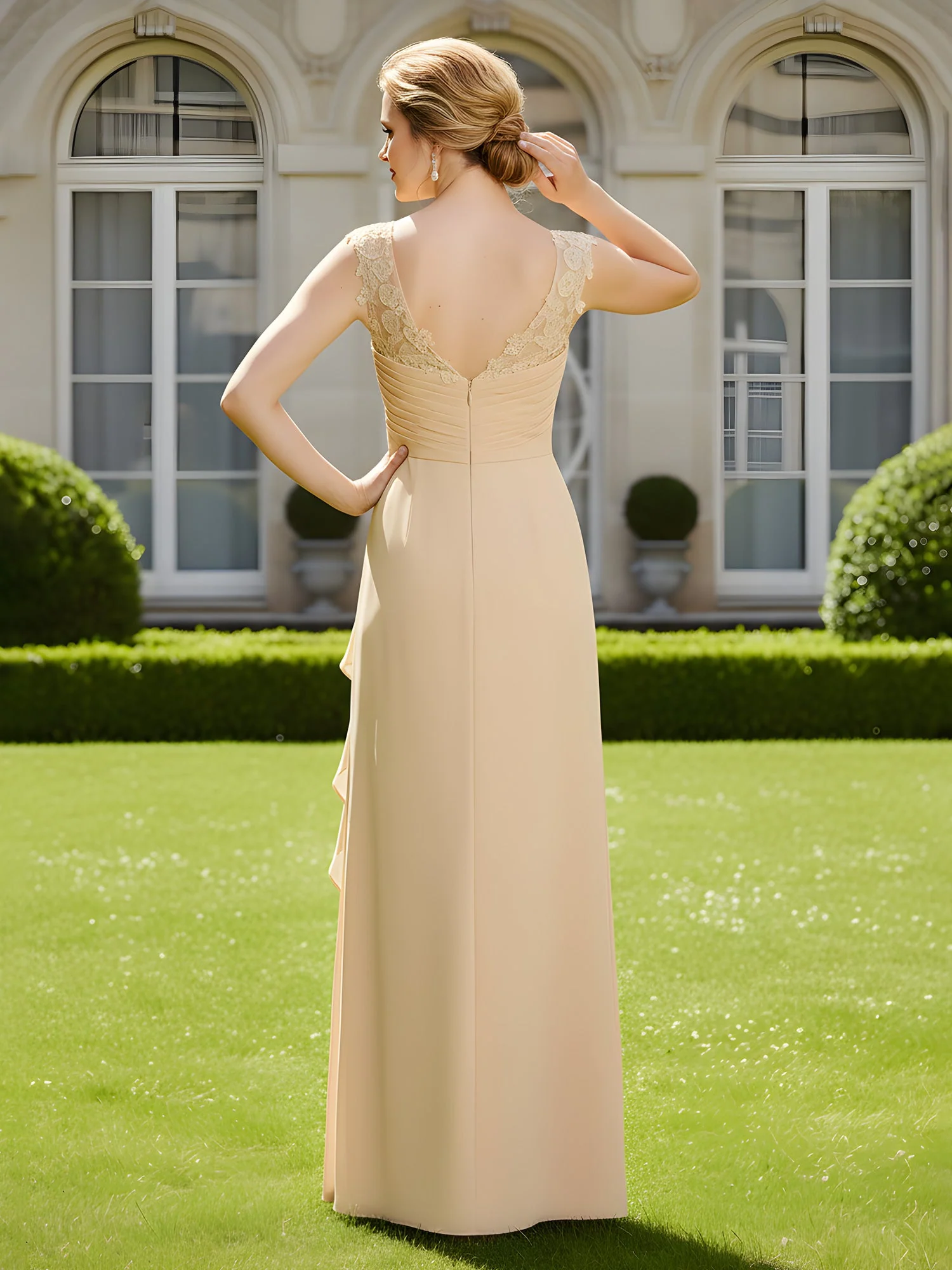 Pleated A-Line Ruffles Lace Chiffon Floor-Length Dress Marigold - Image 2