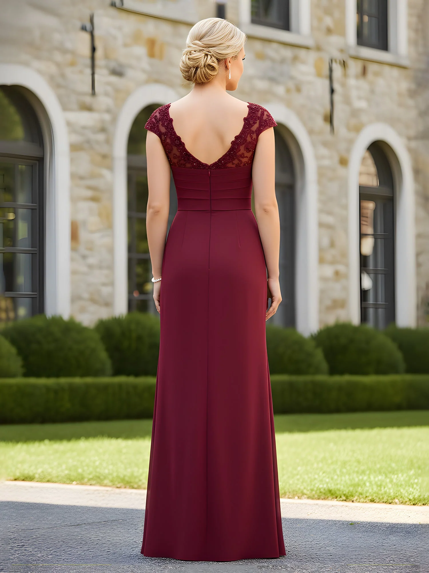 Pleated Lace Cap Sleeves Ruffles Sheath Dress Dark Green - Image 2