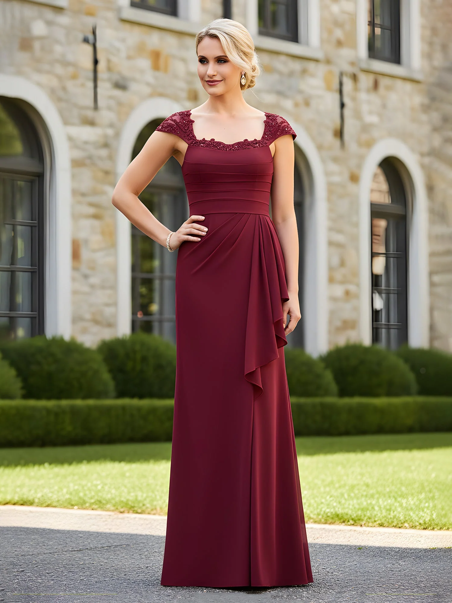 Pleated Lace Cap Sleeves Ruffles Sheath Dress Grape