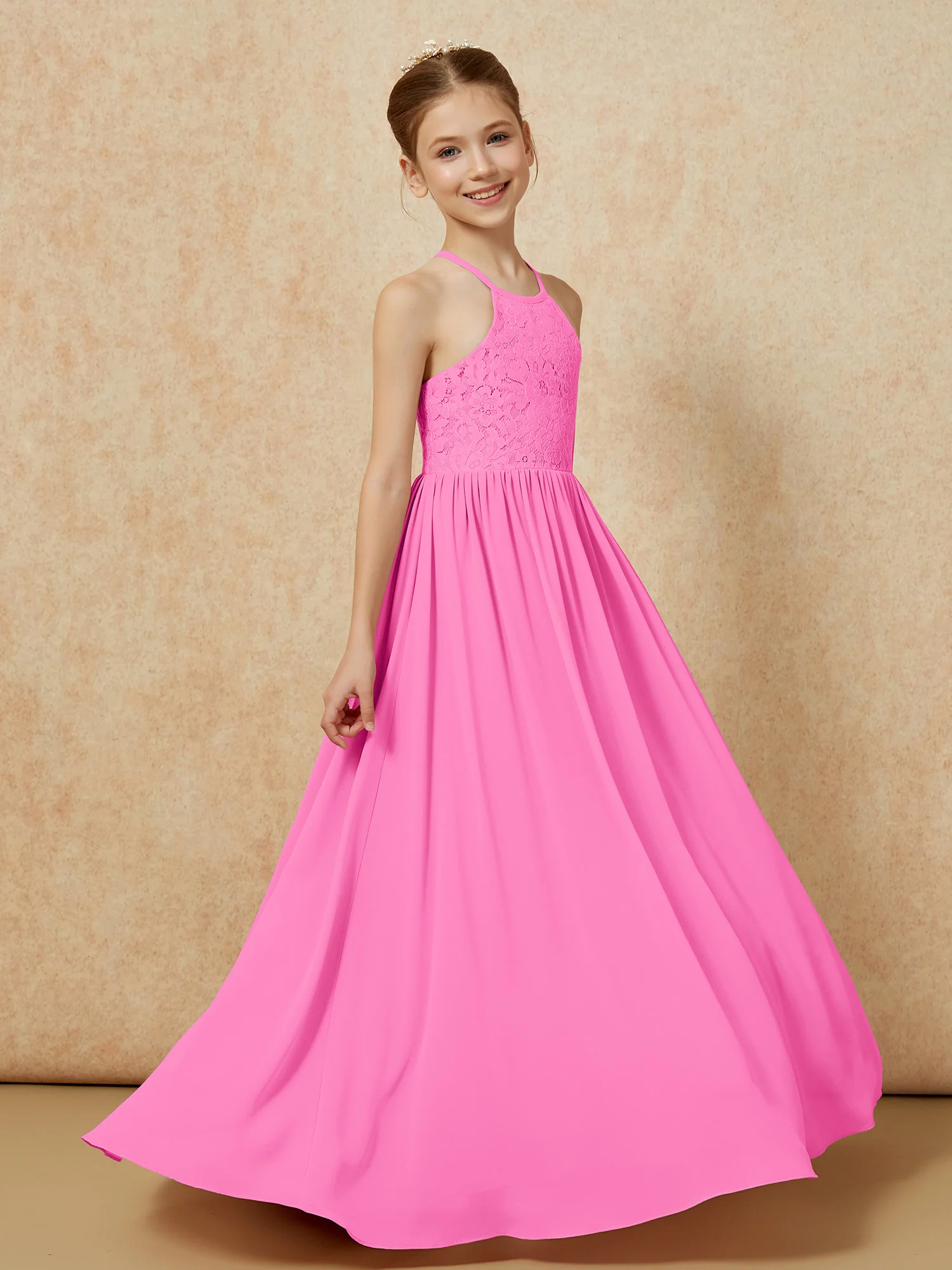 Pleated Lace Chiffion Long Junior Bridesmaid Dress Azalea - Image 3