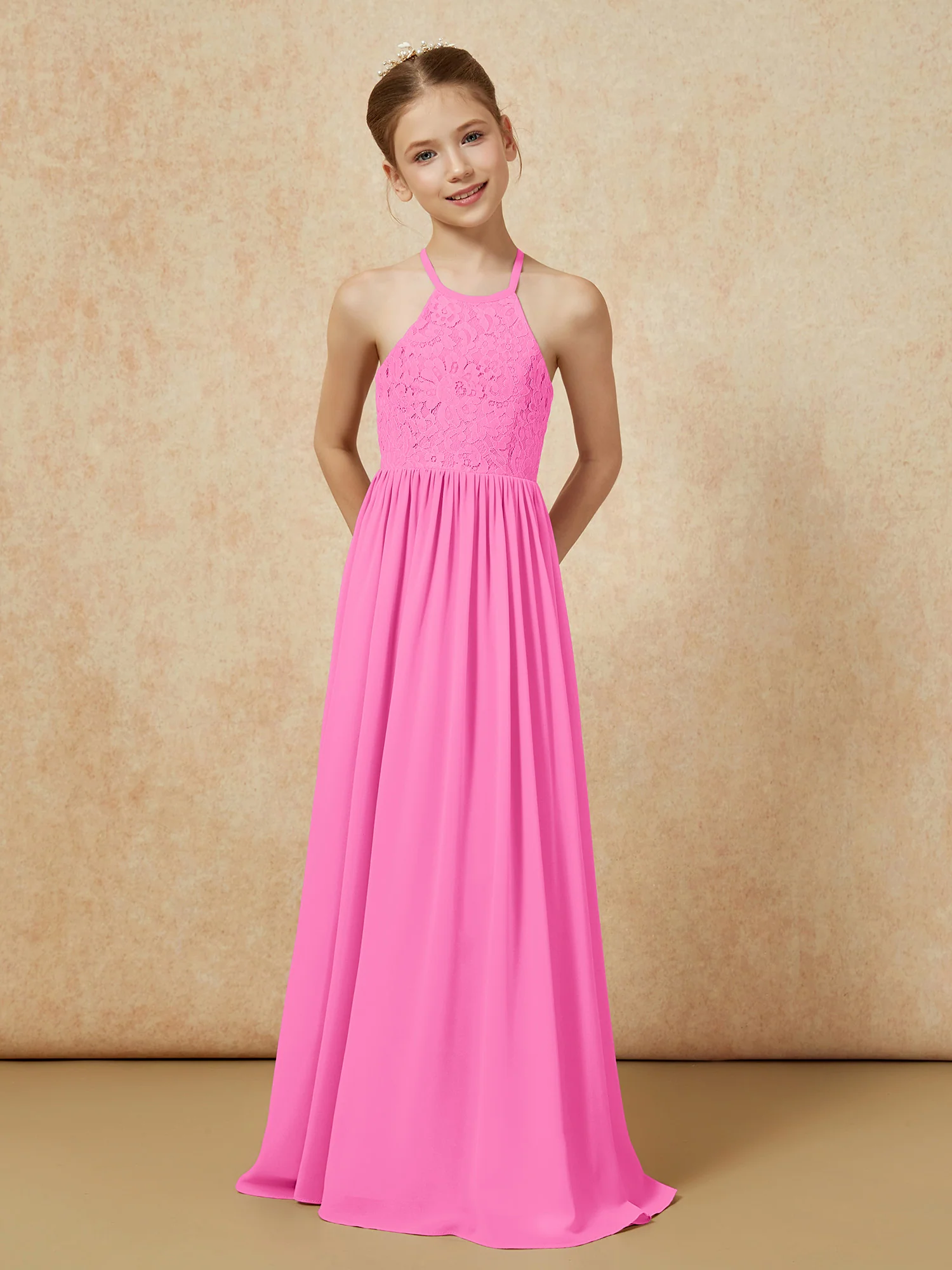 Pleated Lace Chiffion Long Junior Bridesmaid Dress Azalea - Image 4