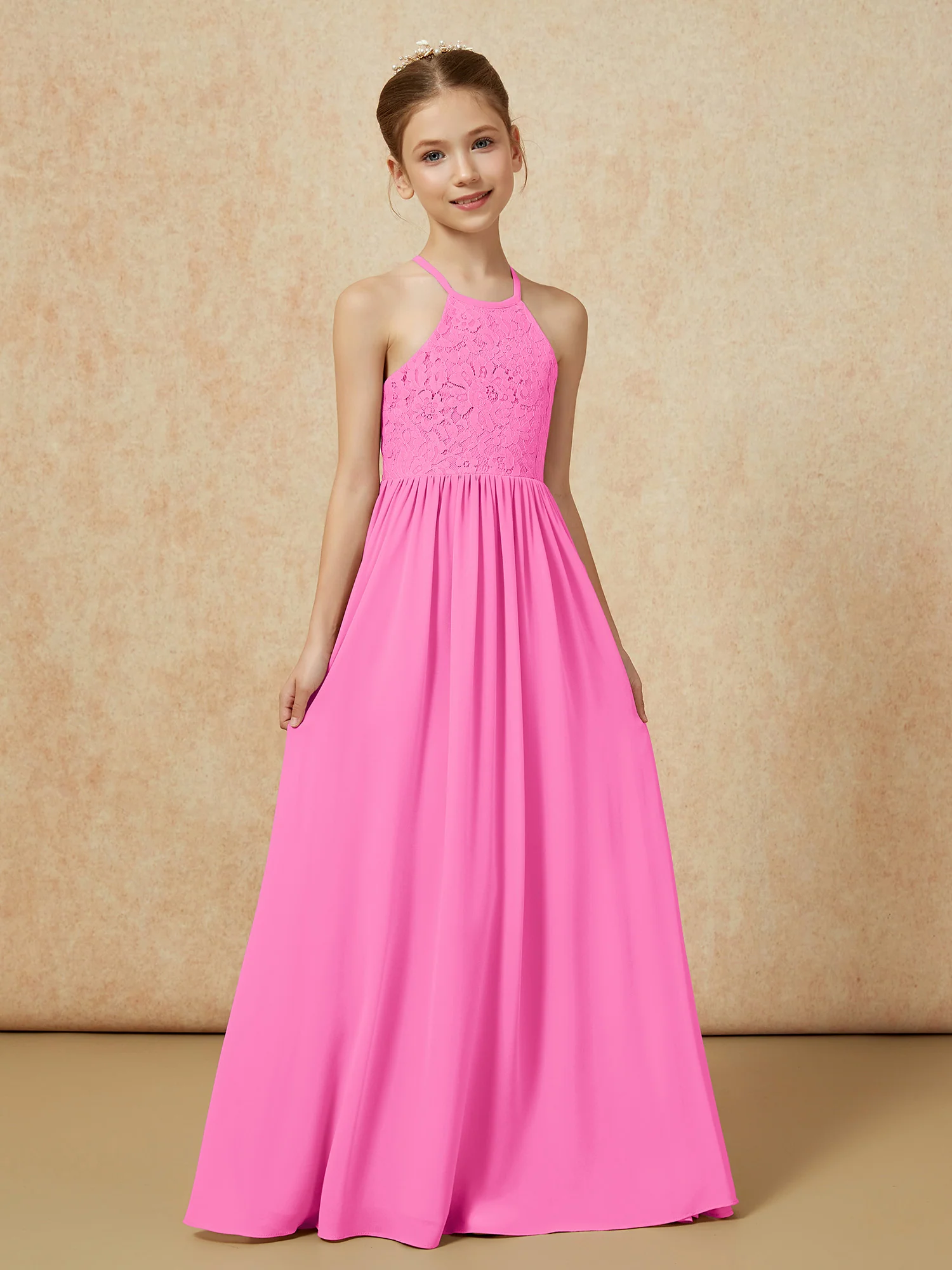 Pleated Lace Chiffion Long Junior Bridesmaid Dress Azalea - Image 5