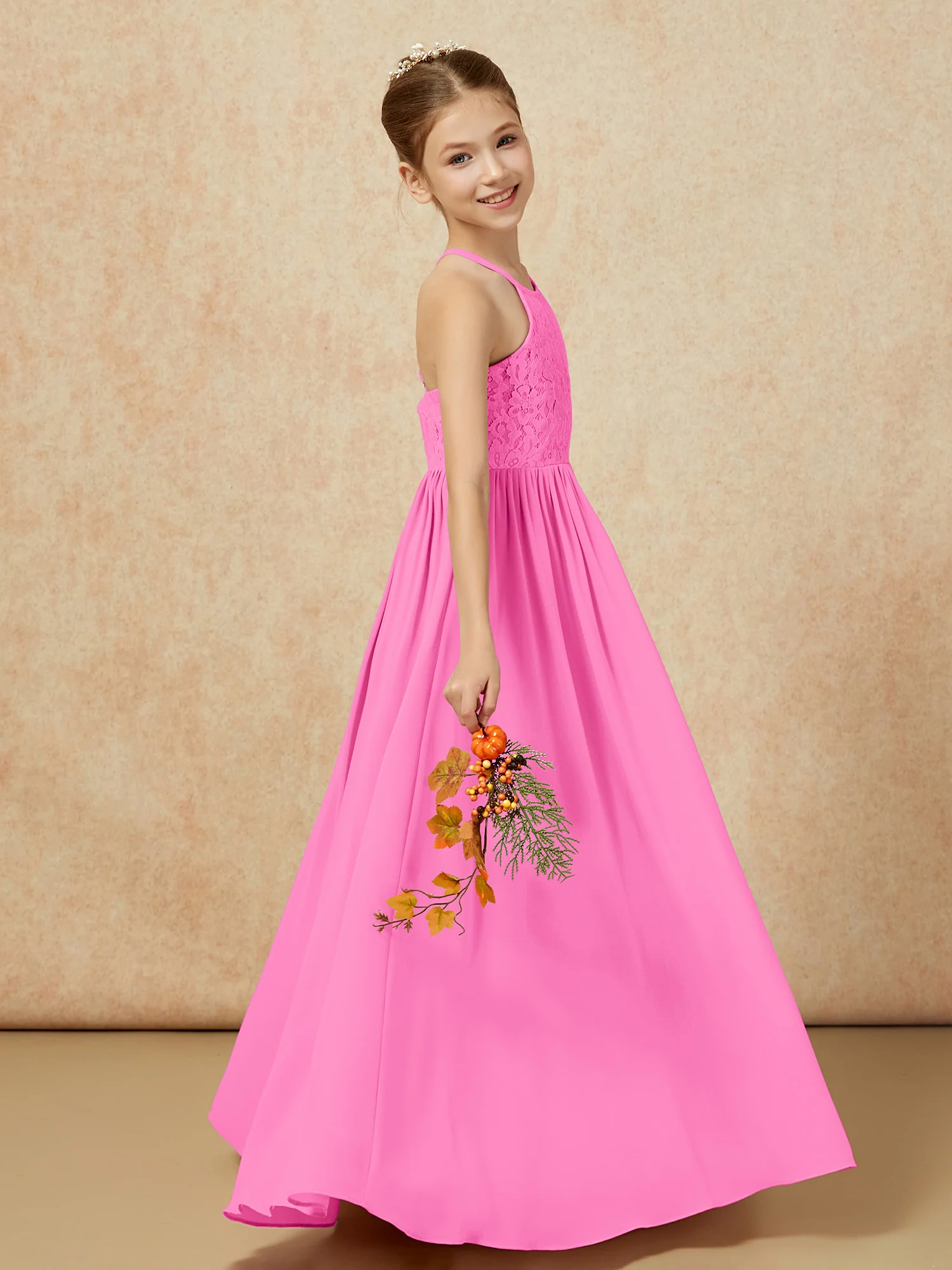 Pleated Lace Chiffion Long Junior Bridesmaid Dress Azalea - Image 6
