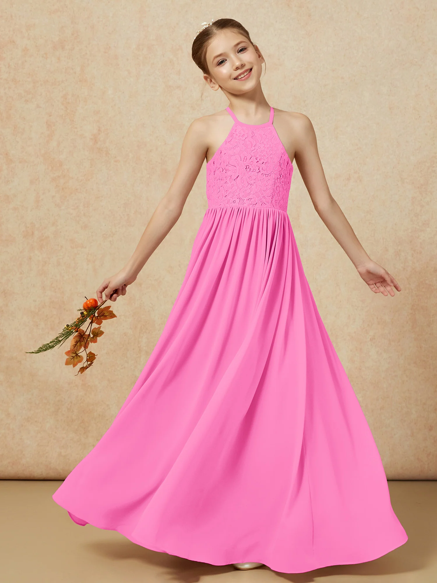 Pleated Lace Chiffion Long Junior Bridesmaid Dress Azalea - Image 7