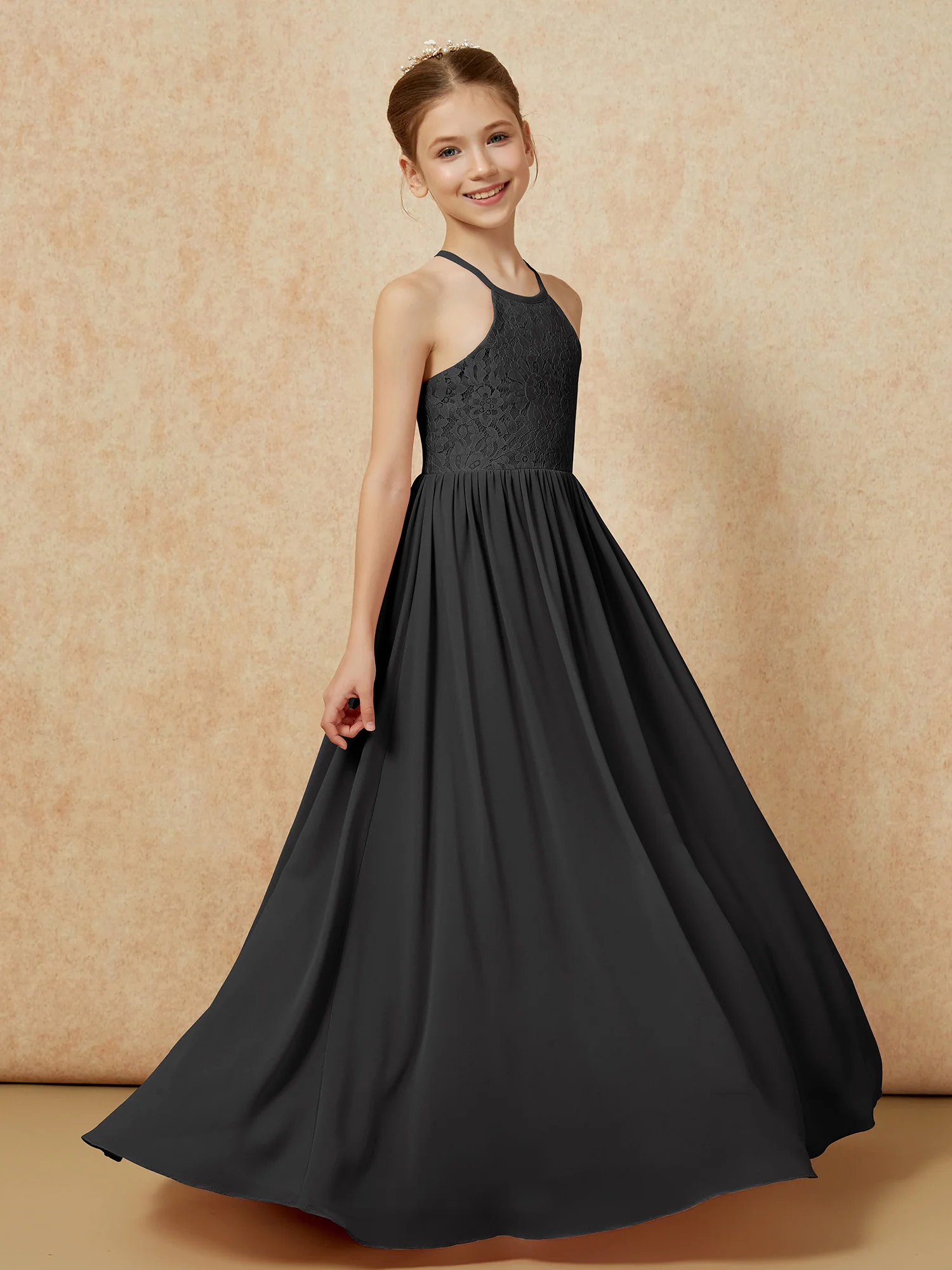 Pleated Lace Chiffion Long Junior Bridesmaid Dress Black - Image 3