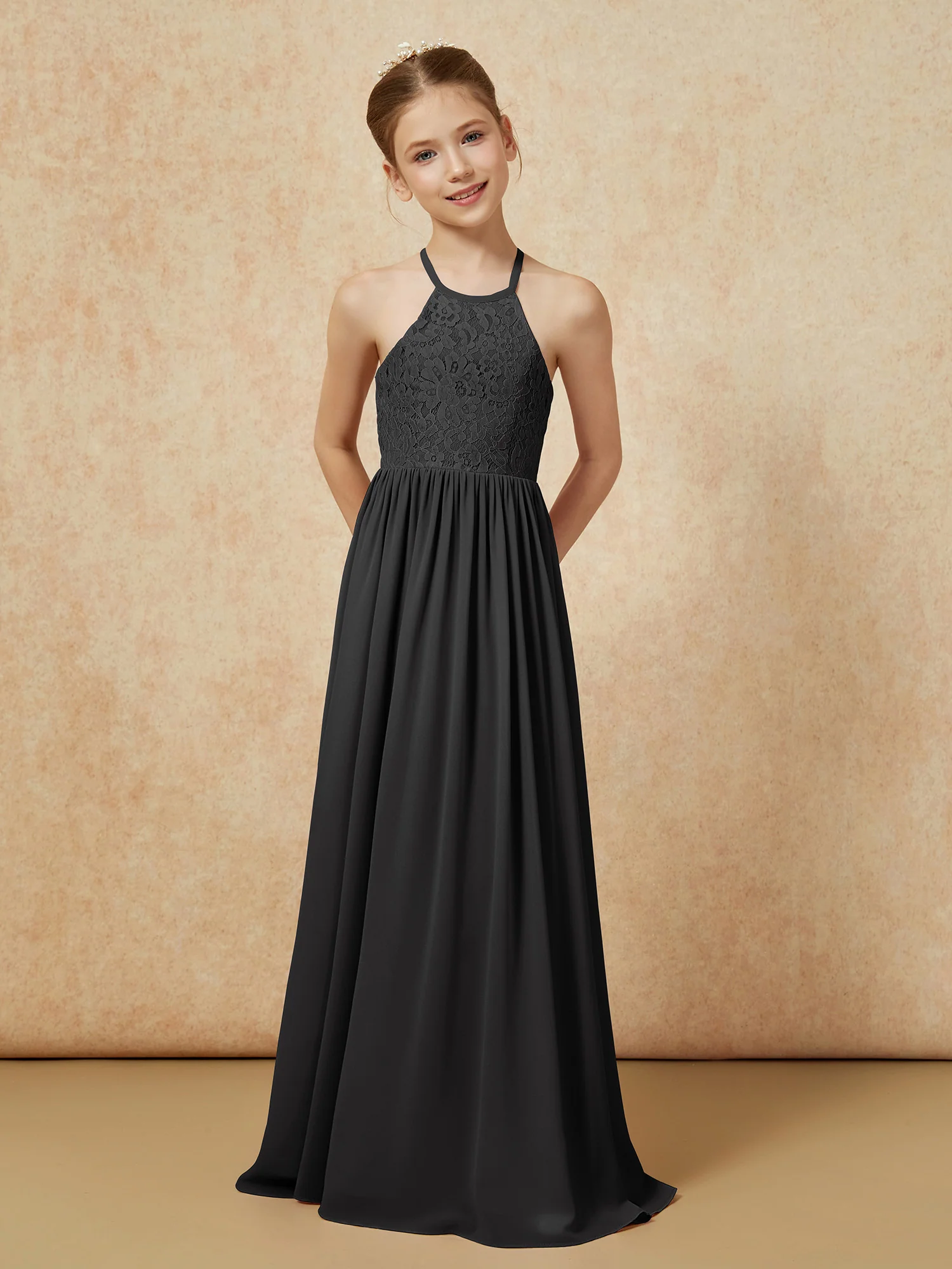 Pleated Lace Chiffion Long Junior Bridesmaid Dress Black - Image 4