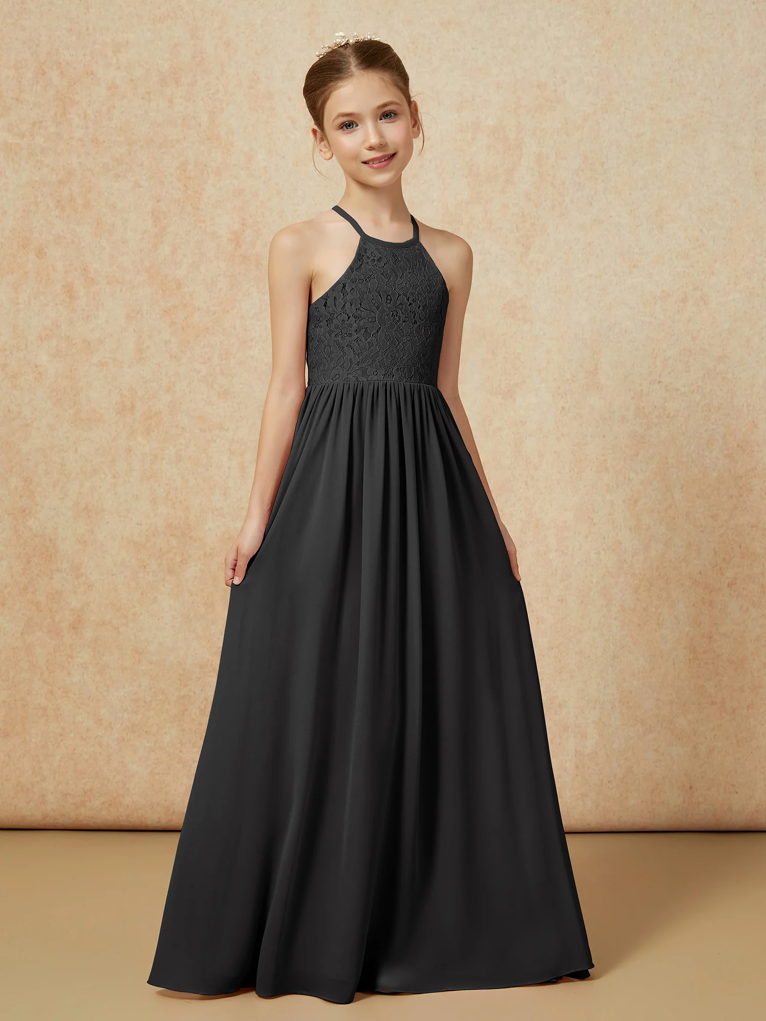 Pleated Lace Chiffion Long Junior Bridesmaid Dress Black - Image 5