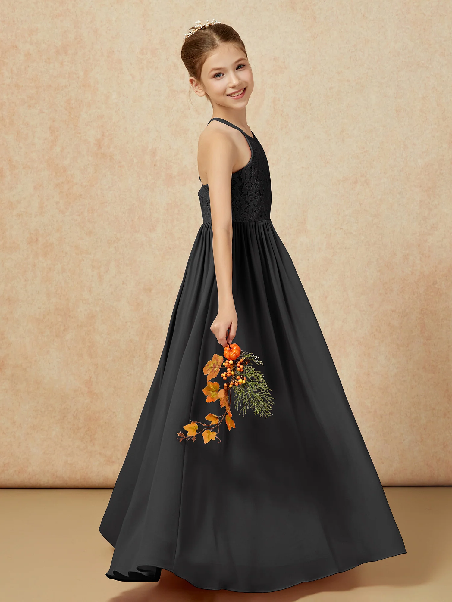 Pleated Lace Chiffion Long Junior Bridesmaid Dress Black - Image 6