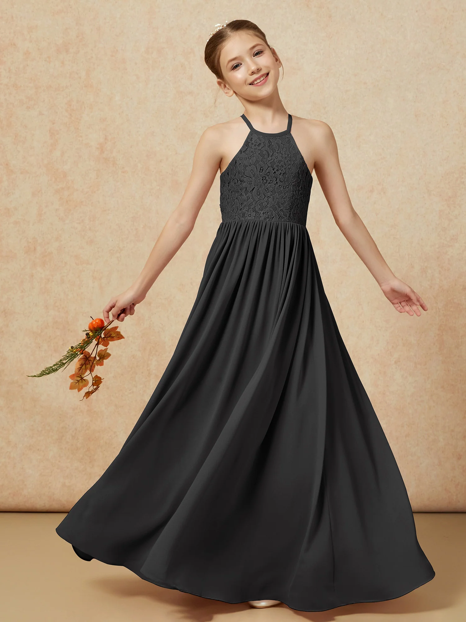Pleated Lace Chiffion Long Junior Bridesmaid Dress Black - Image 7