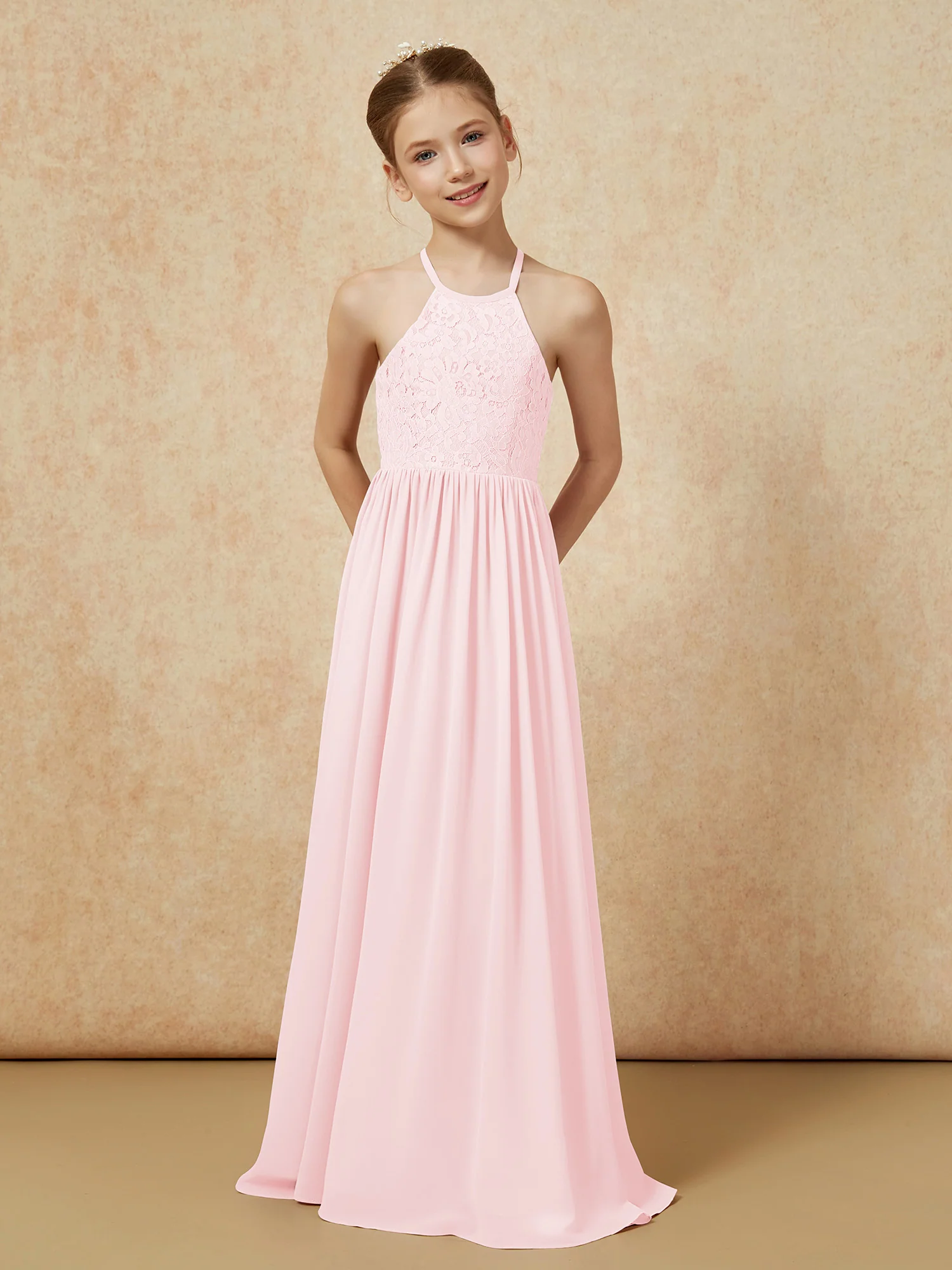 Pleated Lace Chiffion Long Junior Bridesmaid Dress Blushing Pink - Image 4