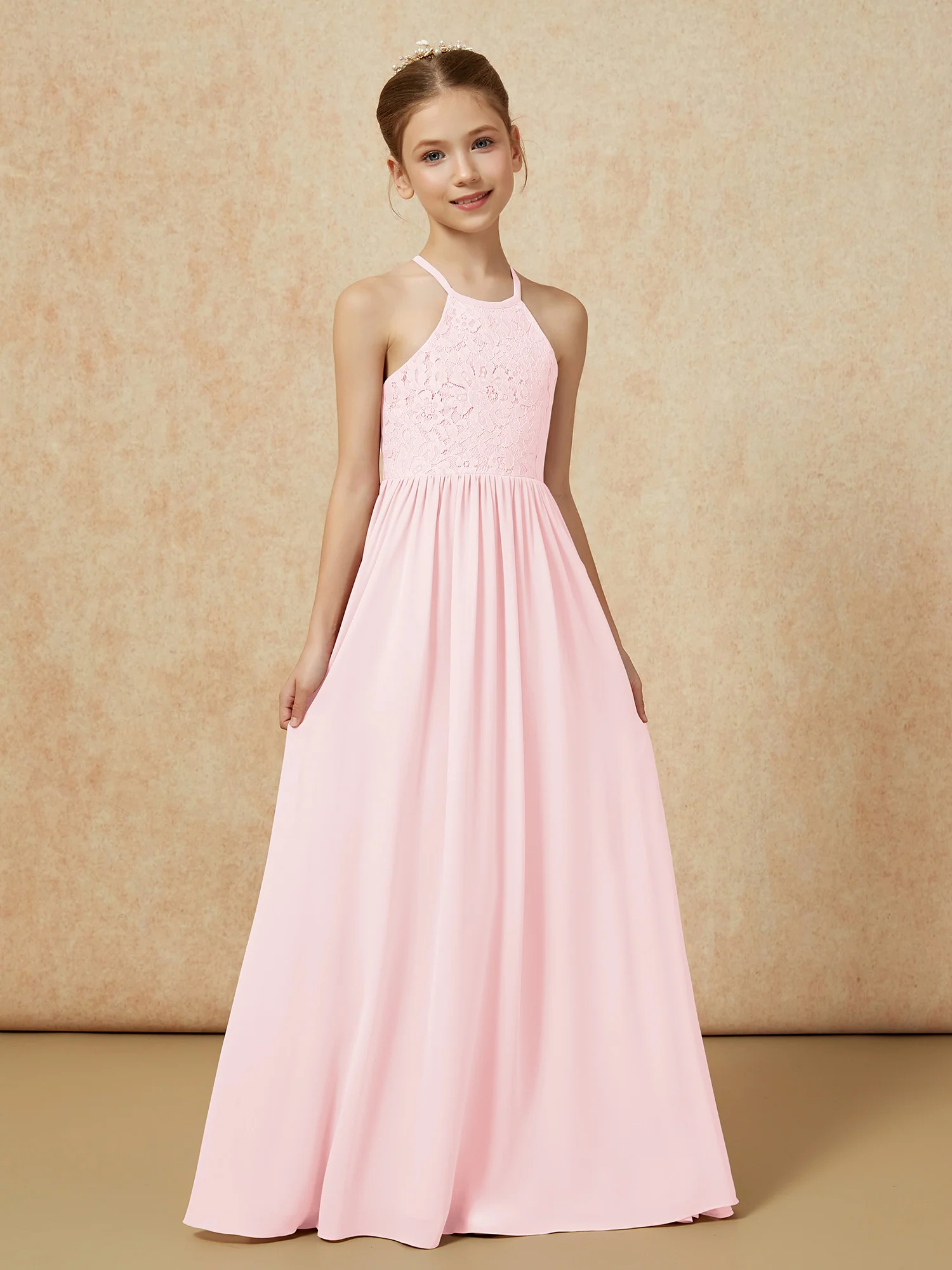 Pleated Lace Chiffion Long Junior Bridesmaid Dress Blushing Pink - Image 5