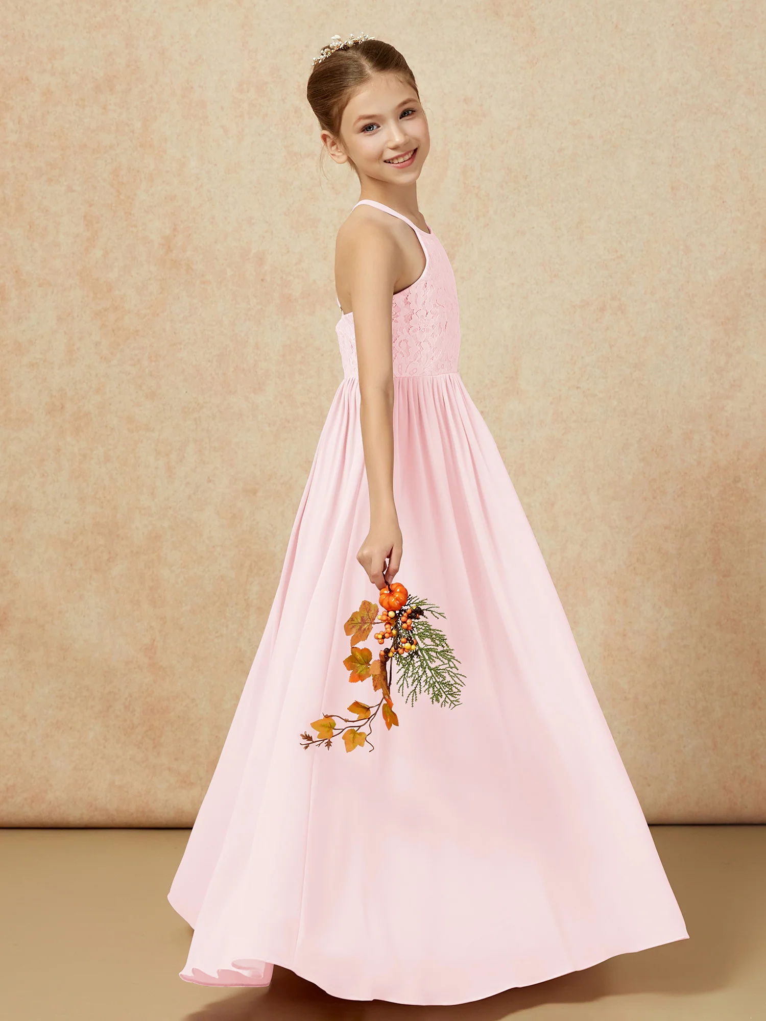 Pleated Lace Chiffion Long Junior Bridesmaid Dress Blushing Pink - Image 6