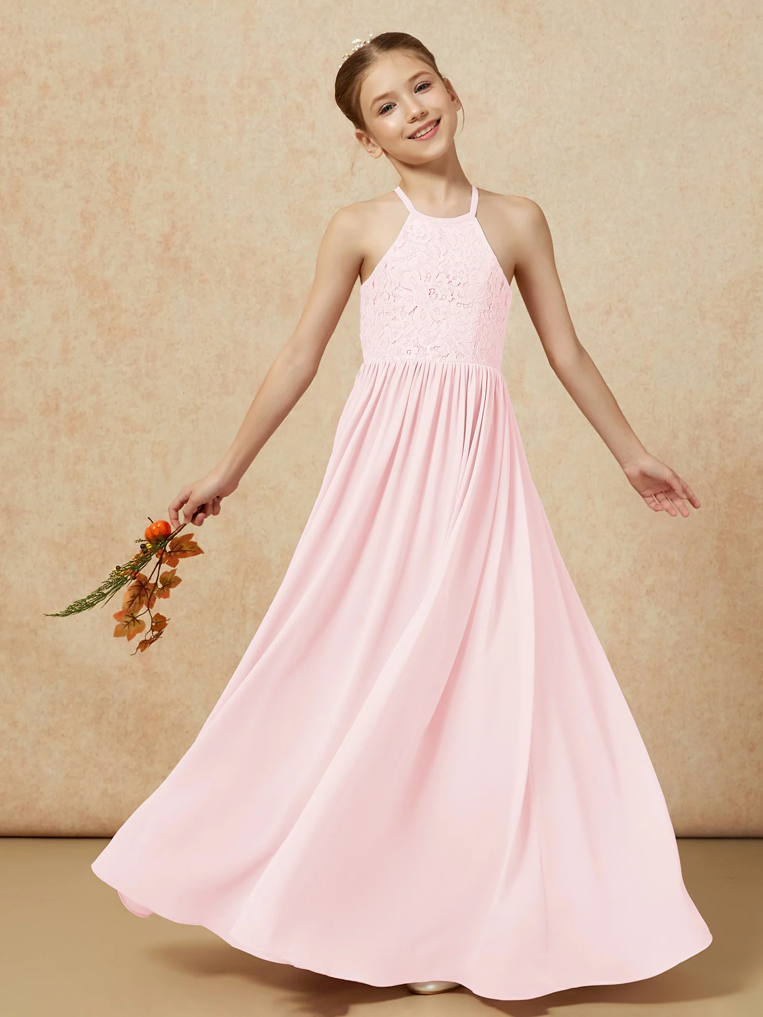 Pleated Lace Chiffion Long Junior Bridesmaid Dress Blushing Pink - Image 7