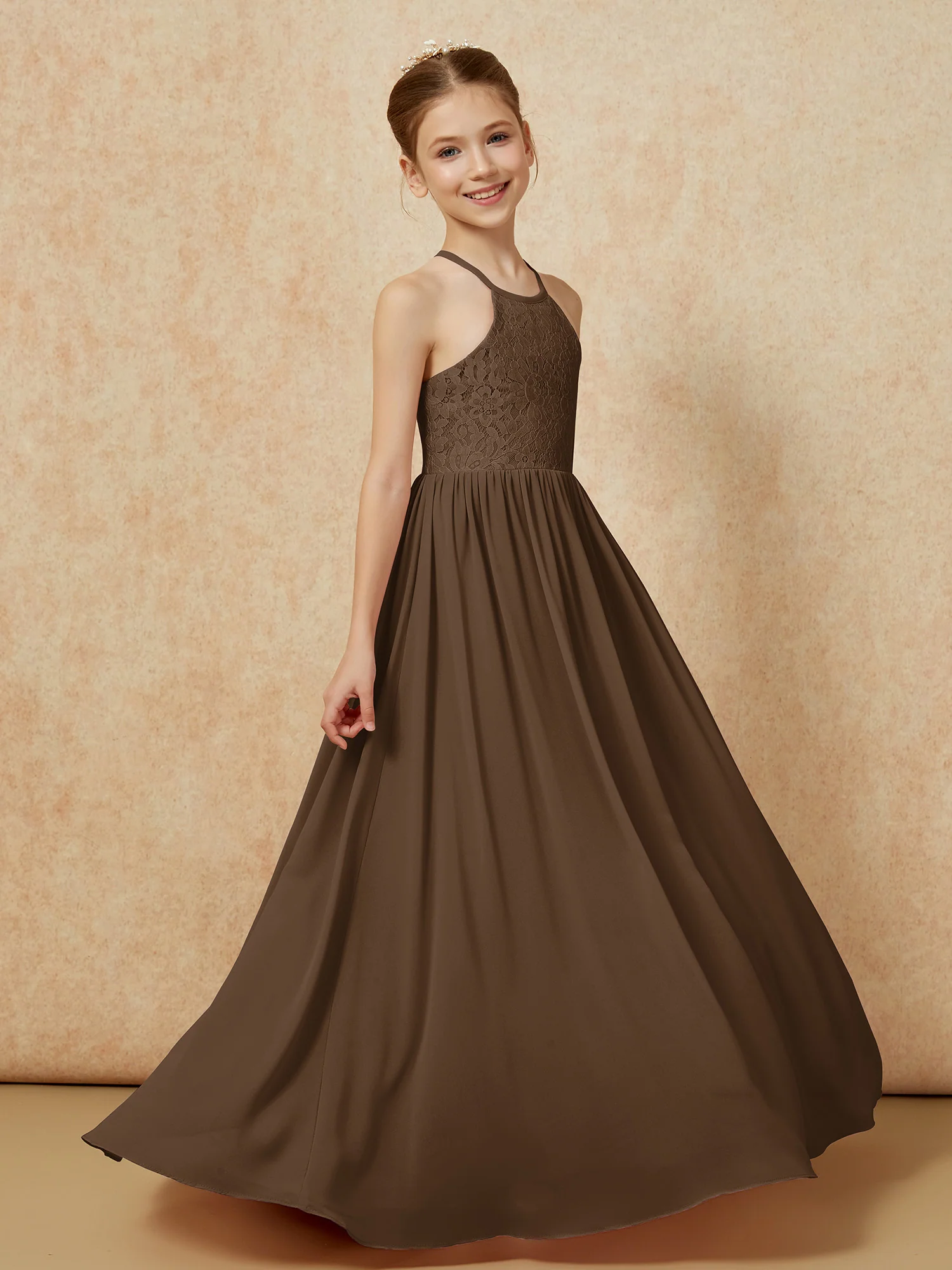 Pleated Lace Chiffion Long Junior Bridesmaid Dress Brown - Image 3