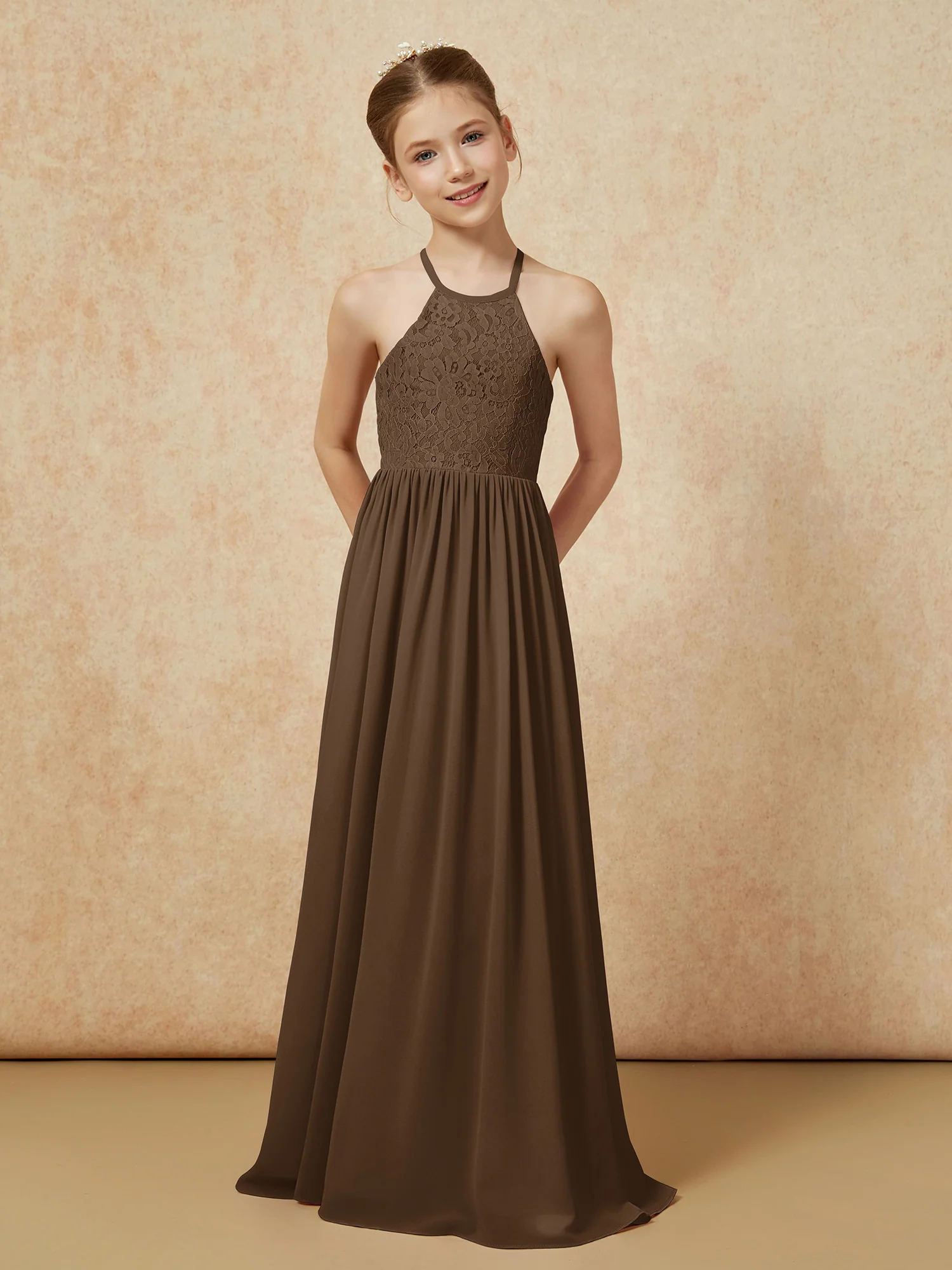 Pleated Lace Chiffion Long Junior Bridesmaid Dress Brown - Image 4