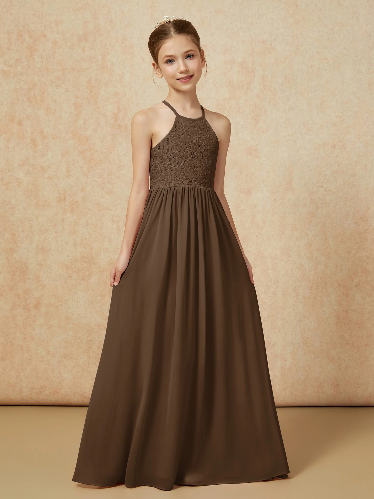 Pleated Lace Chiffion Long Junior Bridesmaid Dress Brown - Image 5