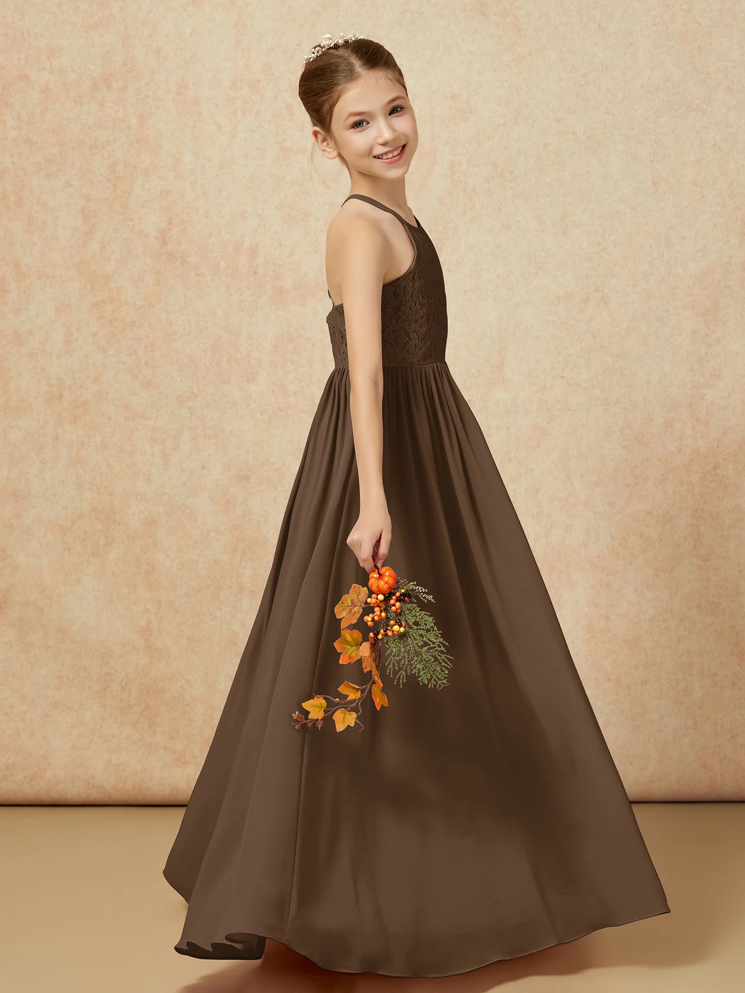 Pleated Lace Chiffion Long Junior Bridesmaid Dress Brown - Image 6