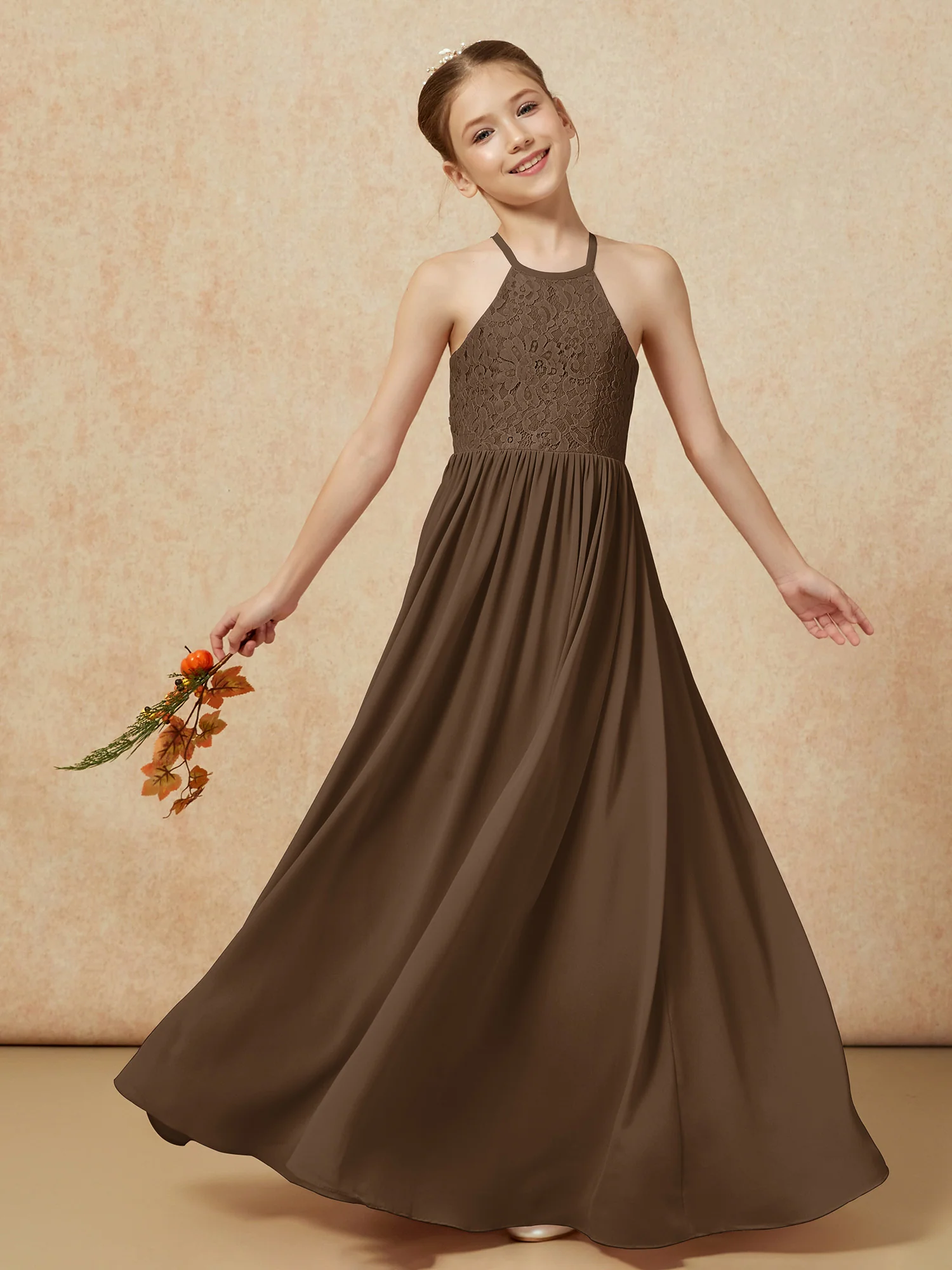 Pleated Lace Chiffion Long Junior Bridesmaid Dress Brown - Image 7