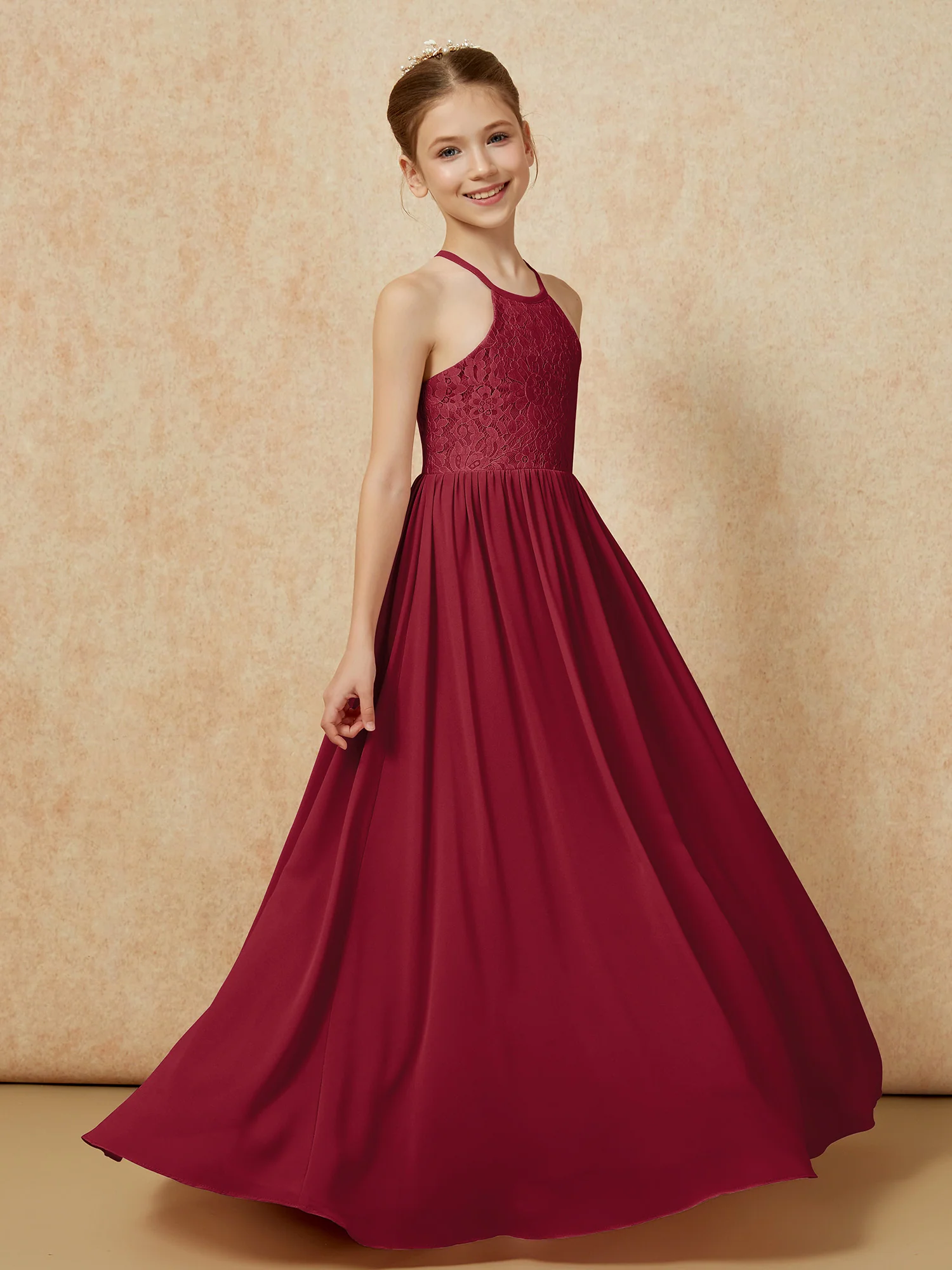 Pleated Lace Chiffion Long Junior Bridesmaid Dress Burgundy - Image 3