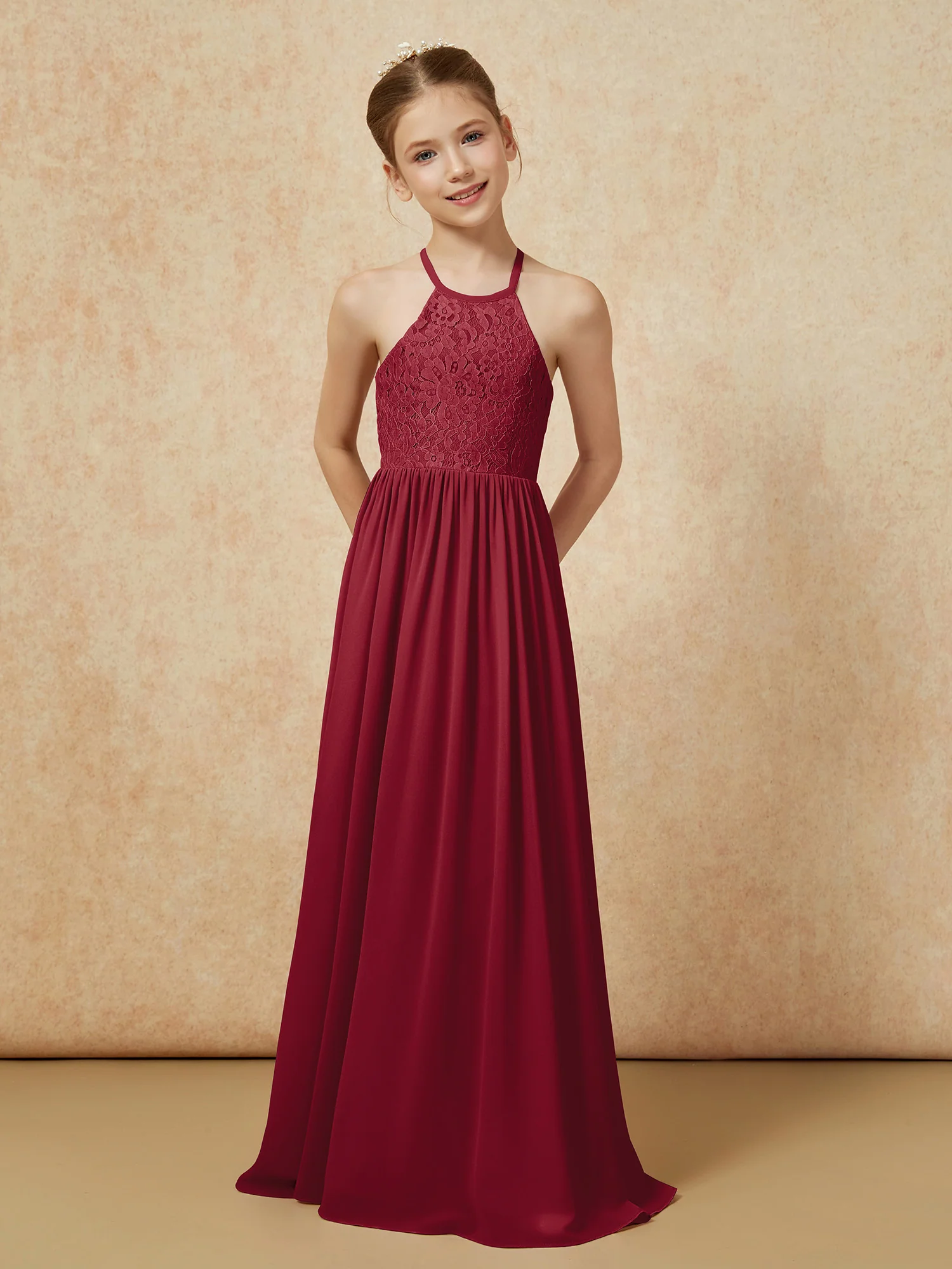 Pleated Lace Chiffion Long Junior Bridesmaid Dress Burgundy - Image 4