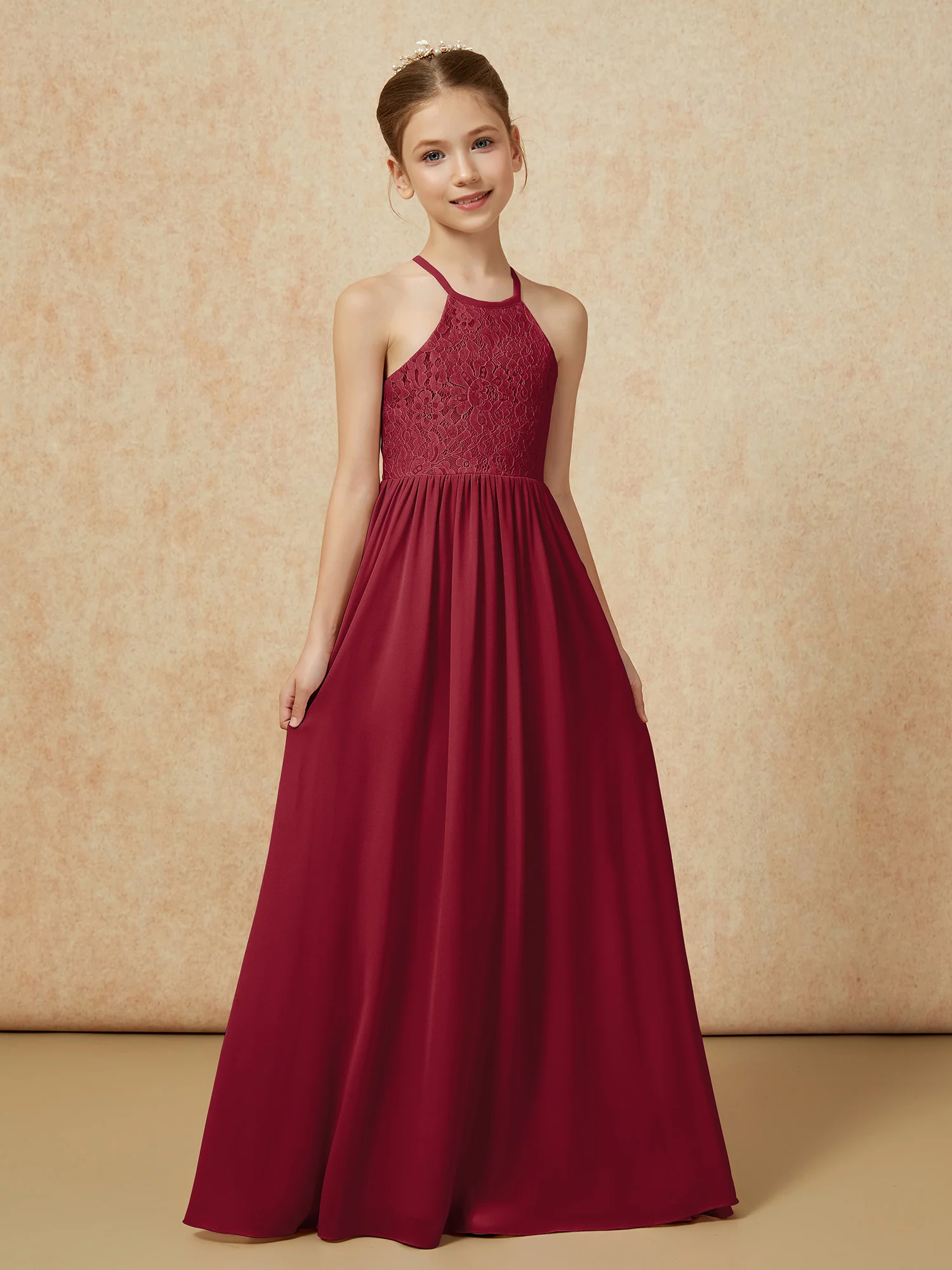 Pleated Lace Chiffion Long Junior Bridesmaid Dress Burgundy - Image 5