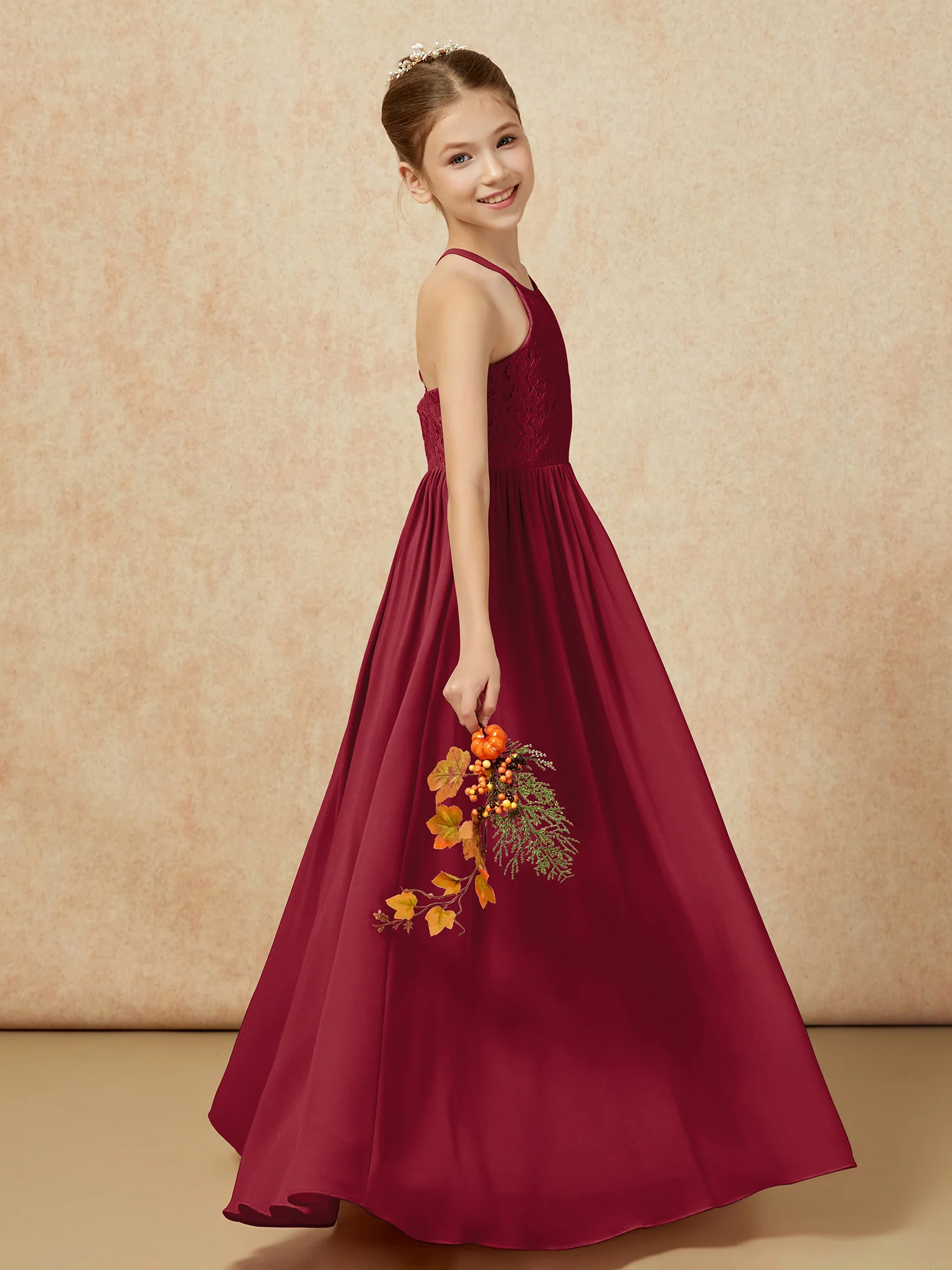 Pleated Lace Chiffion Long Junior Bridesmaid Dress Burgundy - Image 6