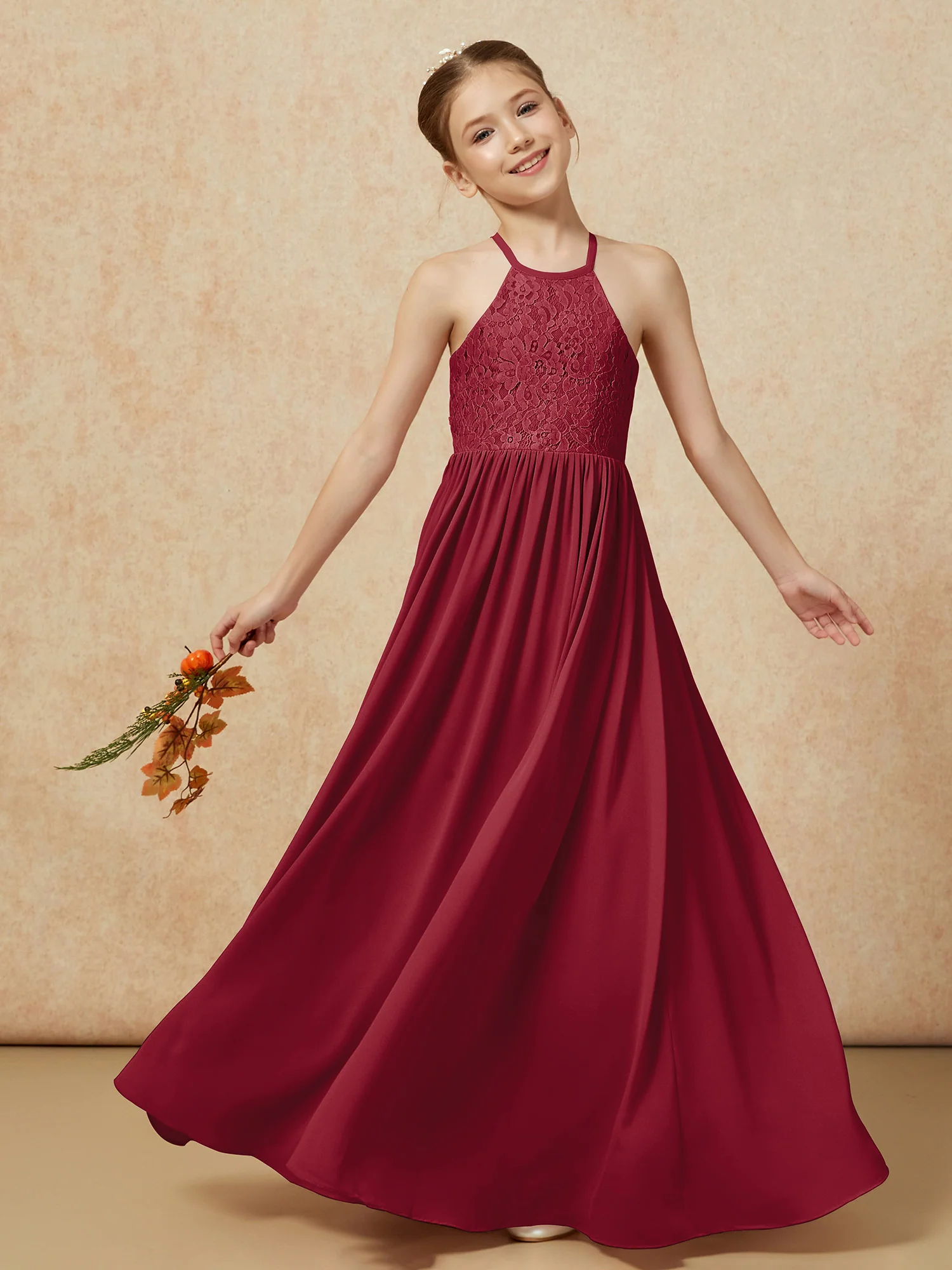 Pleated Lace Chiffion Long Junior Bridesmaid Dress Burgundy - Image 7