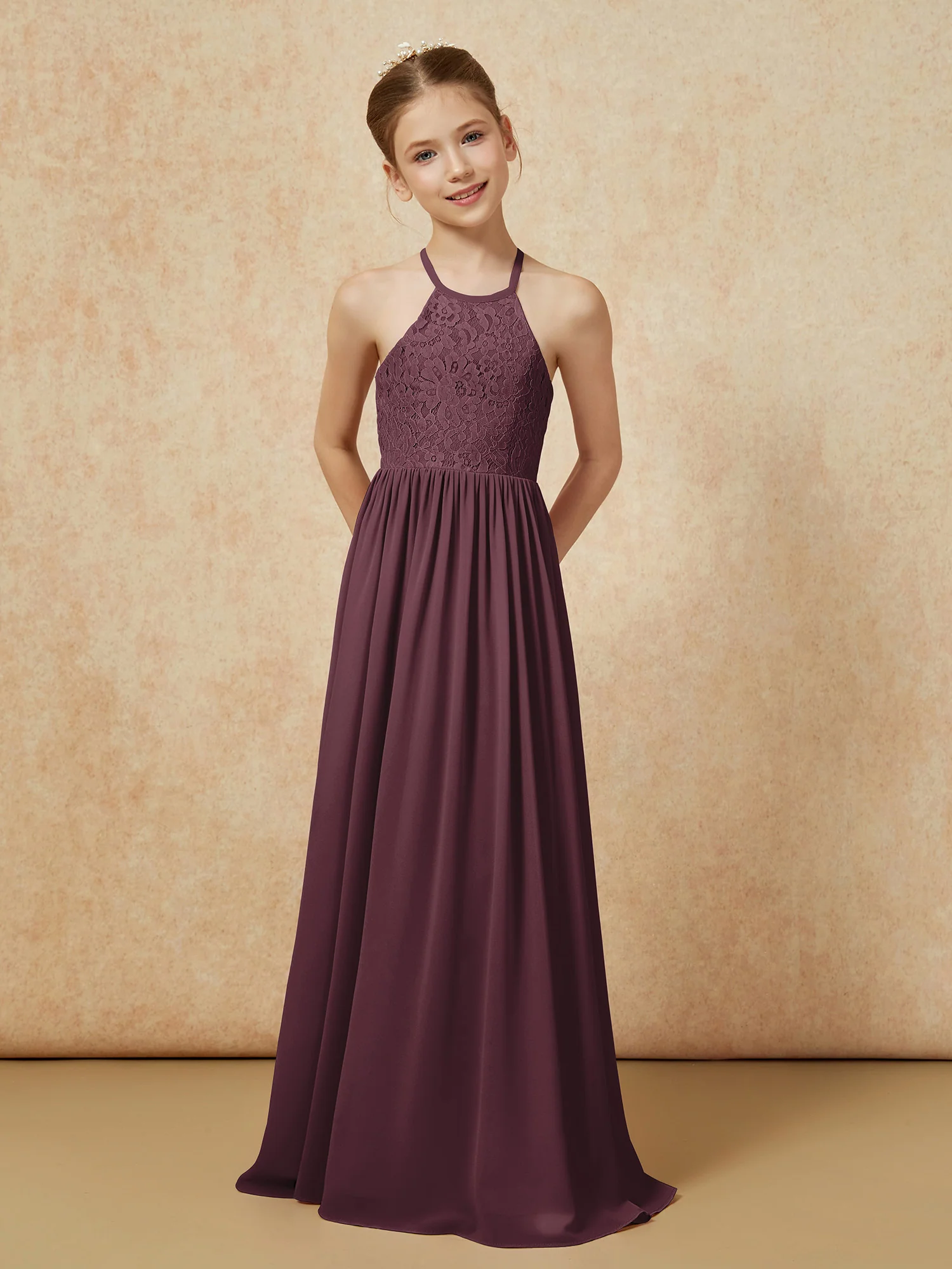 Pleated Lace Chiffion Long Junior Bridesmaid Dress Cabernet - Image 4