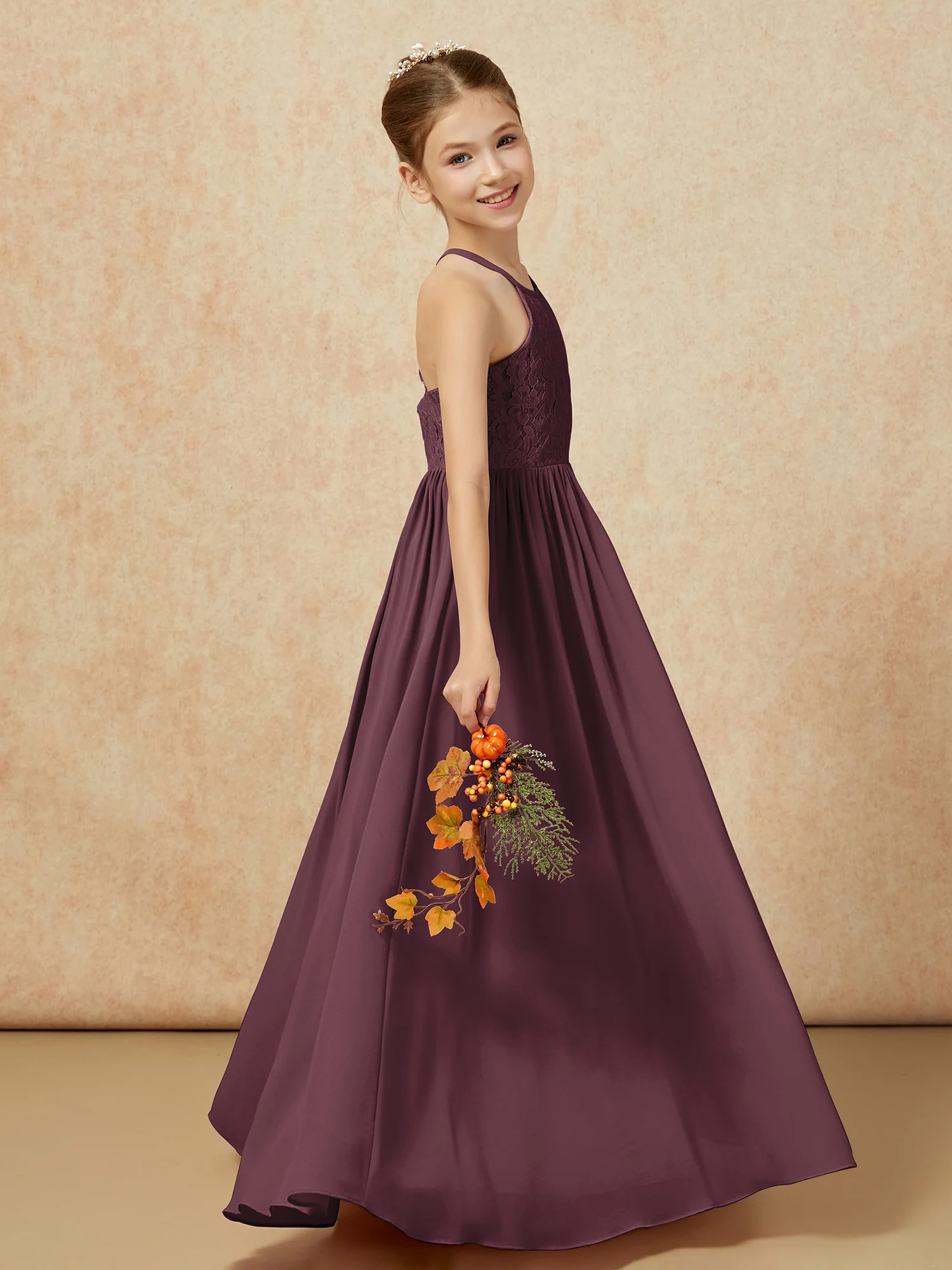 Pleated Lace Chiffion Long Junior Bridesmaid Dress Cabernet - Image 6