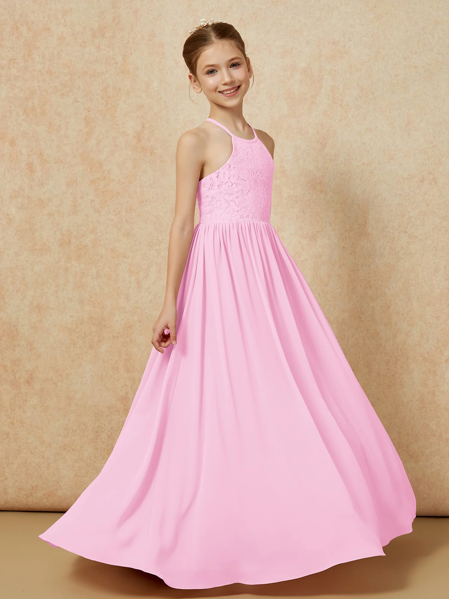 Pleated Lace Chiffion Long Junior Bridesmaid Dress Candy Pink - Image 3