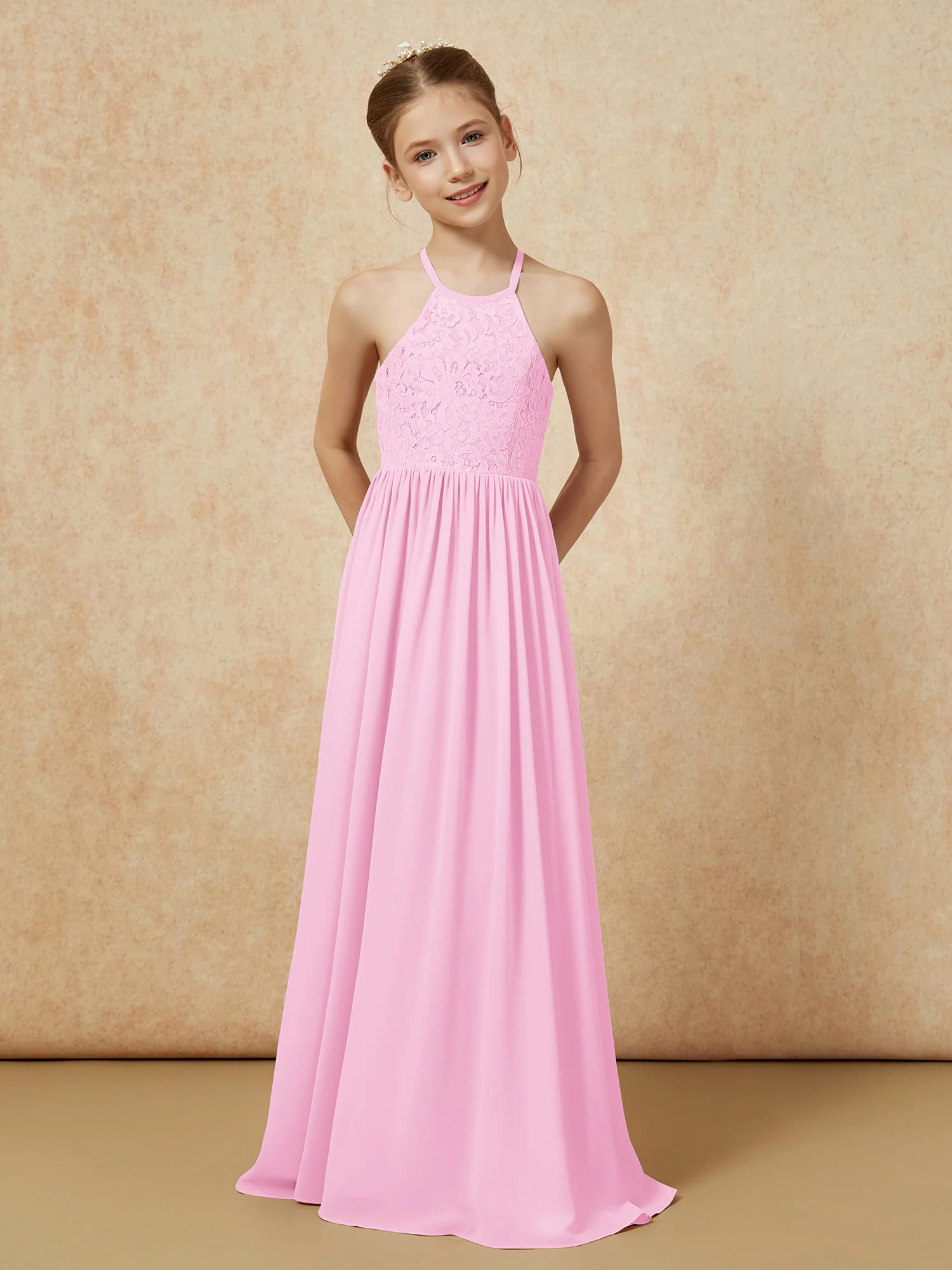 Pleated Lace Chiffion Long Junior Bridesmaid Dress Candy Pink - Image 4