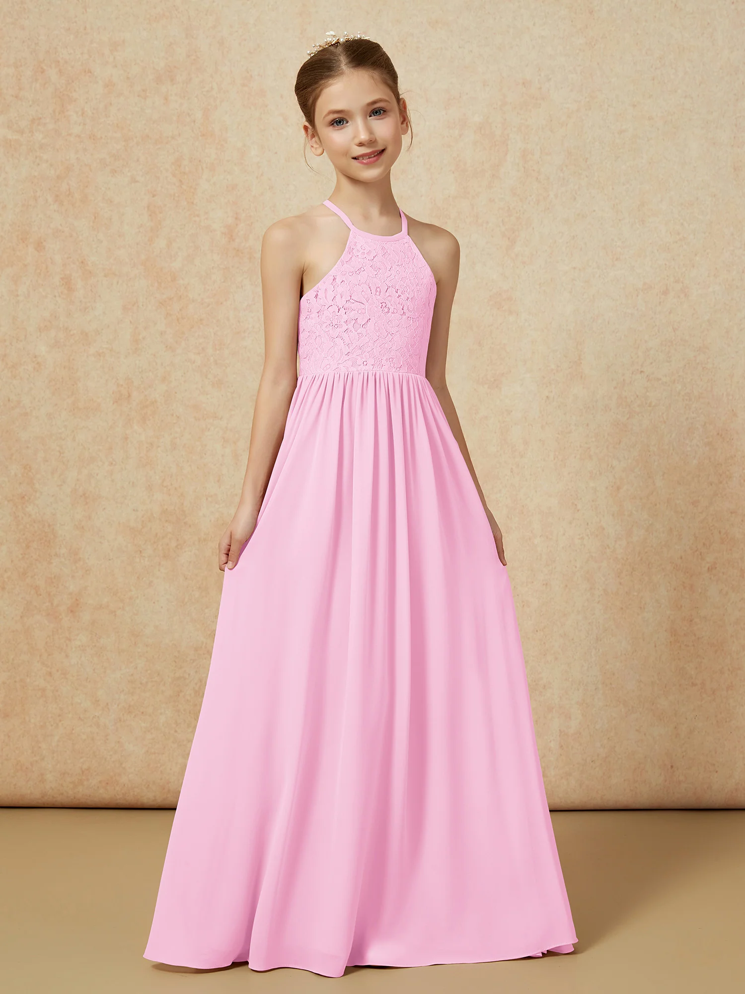 Pleated Lace Chiffion Long Junior Bridesmaid Dress Candy Pink - Image 5