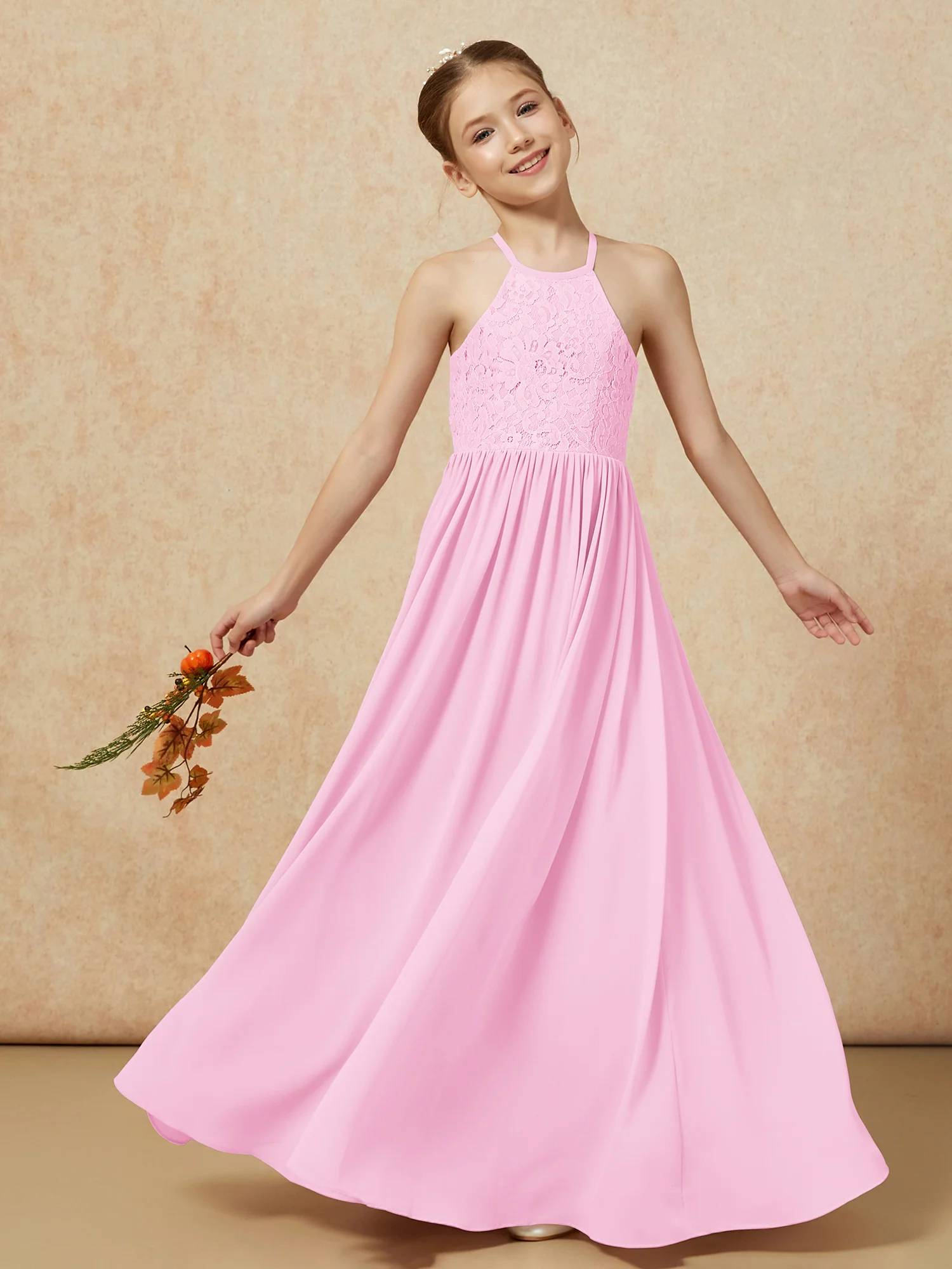 Pleated Lace Chiffion Long Junior Bridesmaid Dress Candy Pink - Image 7